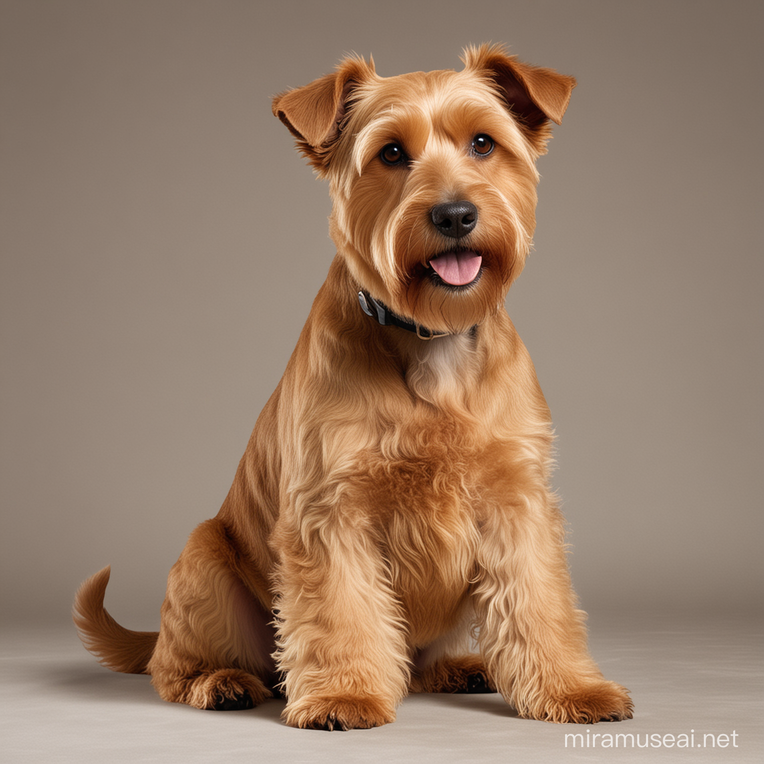 Shaggy light brown terrier dog sitting full body view