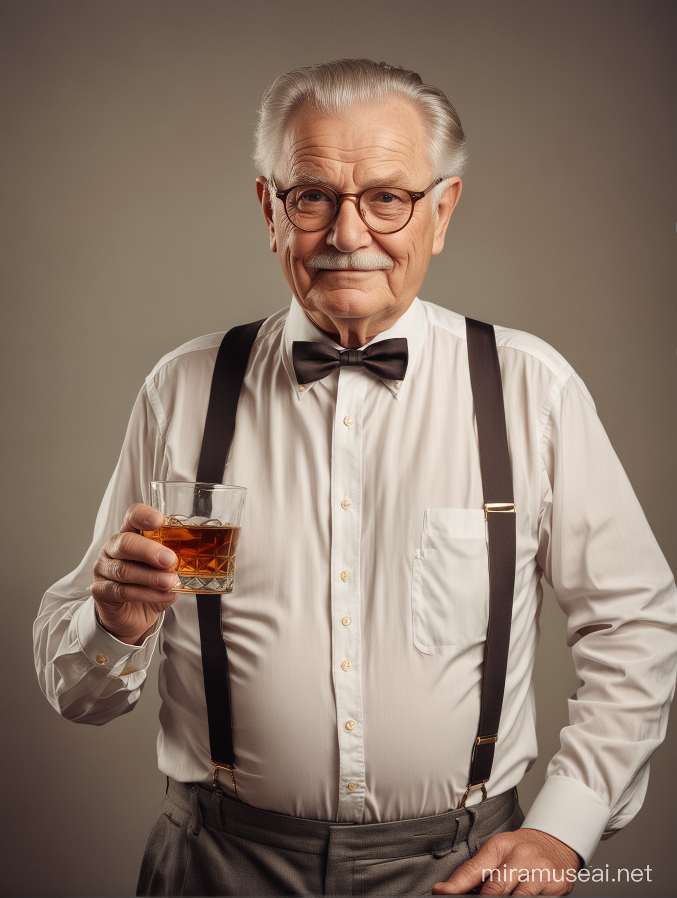 Пожилой мужчина, толстый, рубашка, подтяжки, очки в тонкой золотой оправе, держит бокал виски