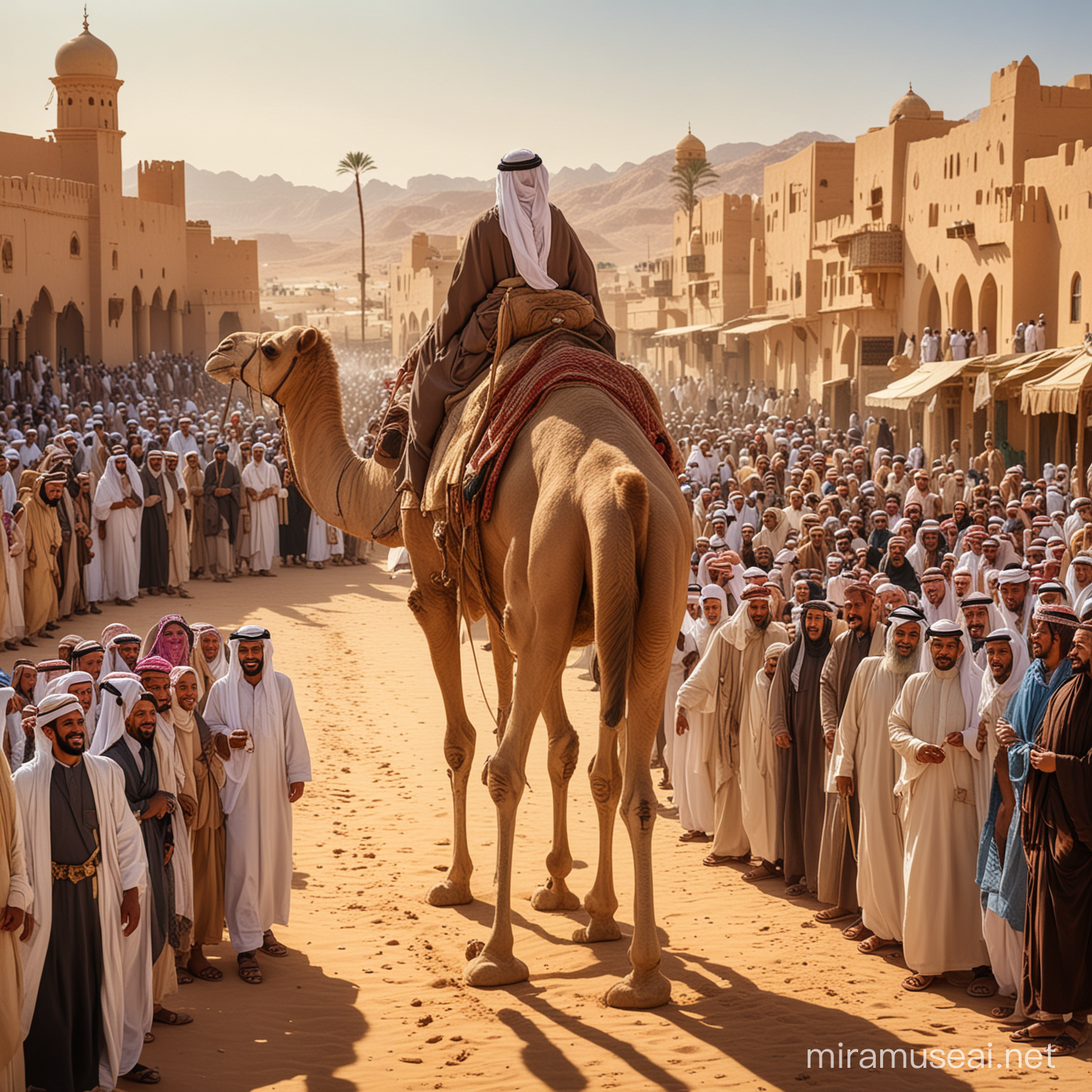 A vivid depiction of madina, saudi arab back in 600 A.D. smiling children looking at an old arab prophet. The whole traditional villagers came out to see him, seen from the back, walks on a camel  meets a group of people, a sunny day, detailed.