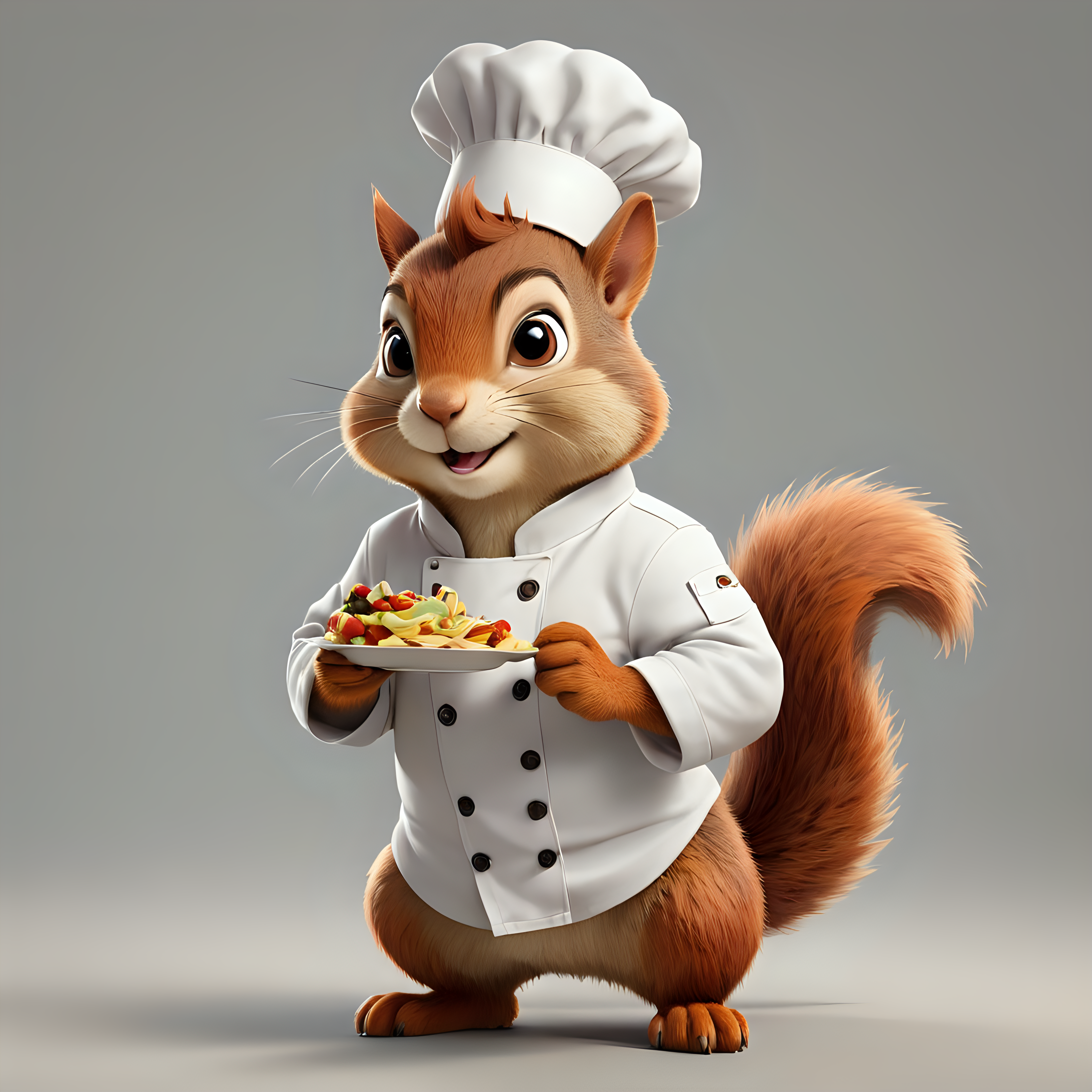 a Squirrel in cartoon style in full body with Chef clothes with clear background