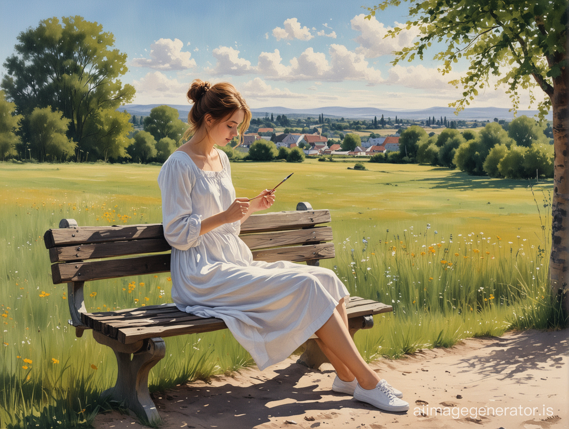 girl sitting on a bench, painting