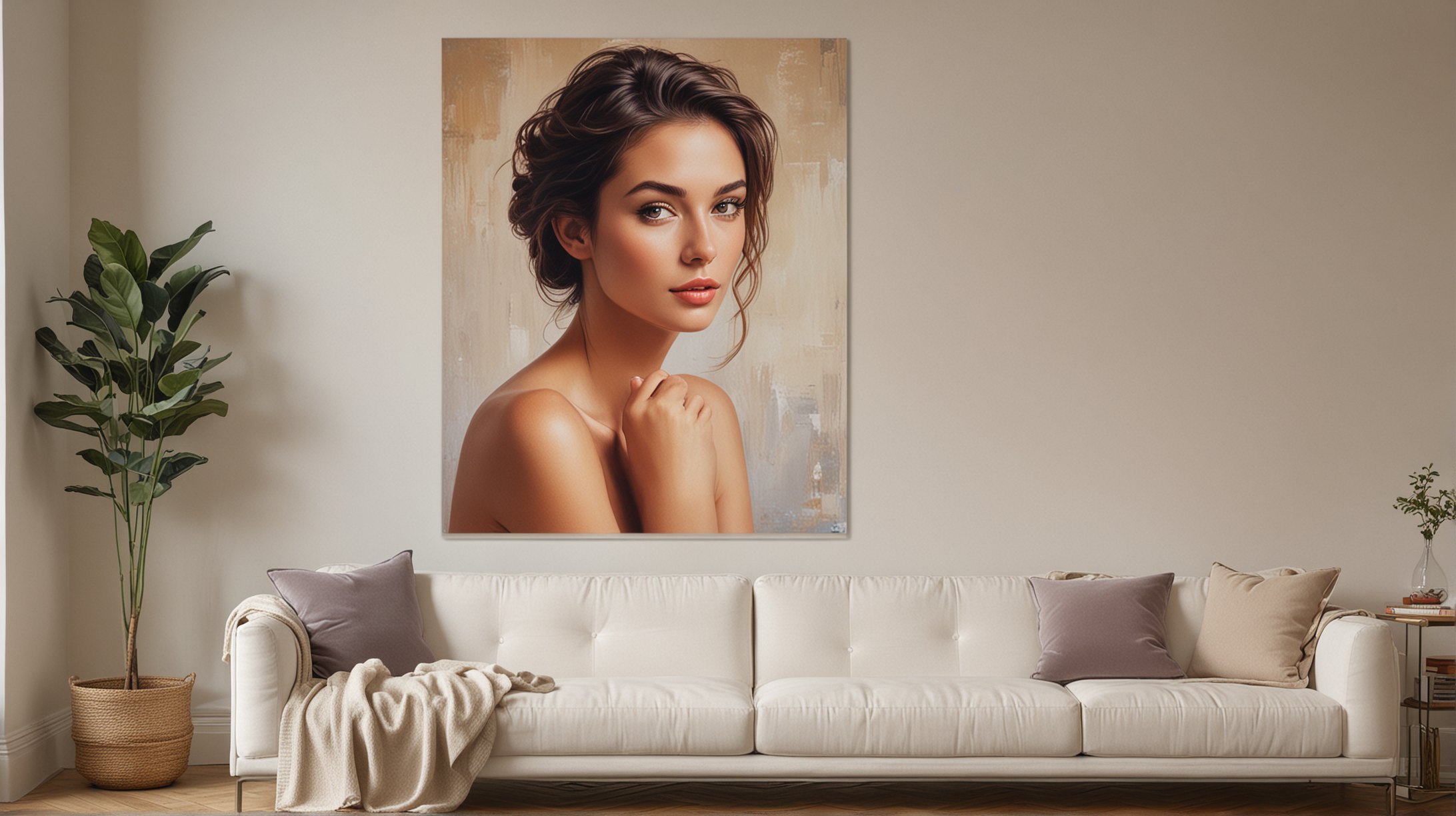 a female model on a wall canvas in a sitting room
