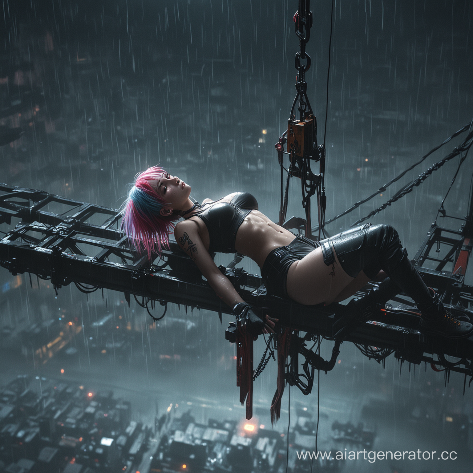 cyberpunk dark style, rain, fog, anime emo girl with detail colored hair, the girl is lying on the edge of the lifting crane, detail light and shadows, dynamic frame and the perspective from above