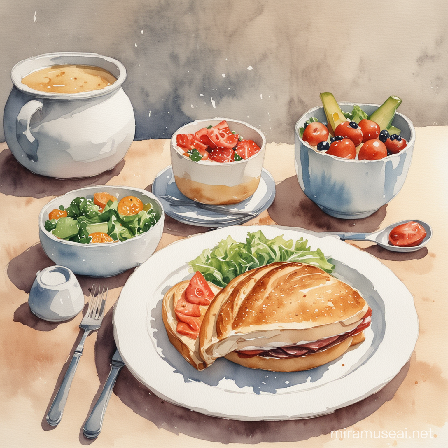 watercolour style, lunch
