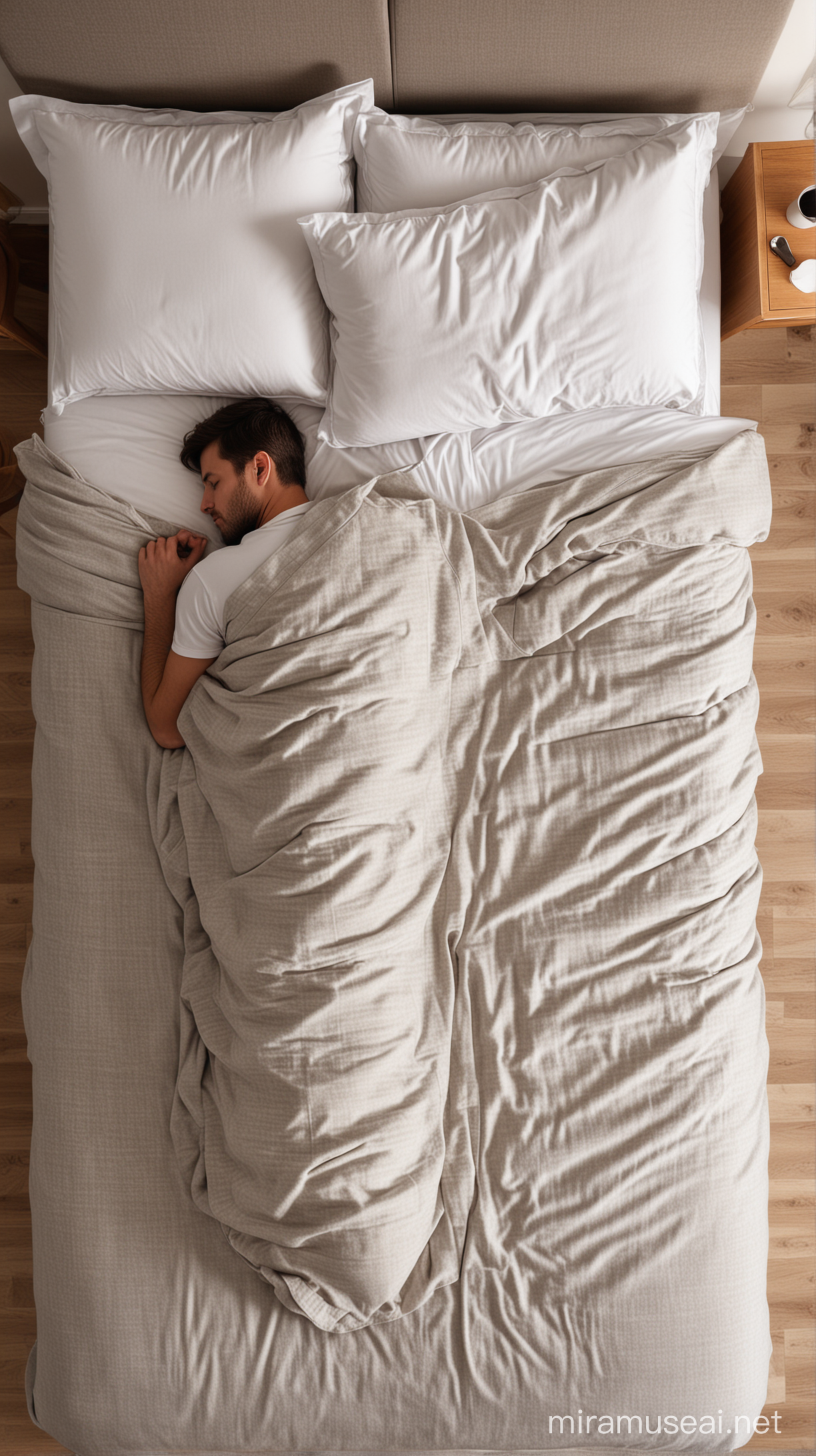 Cozy Bedroom Top View Man Sleeping on Right Half of Bed