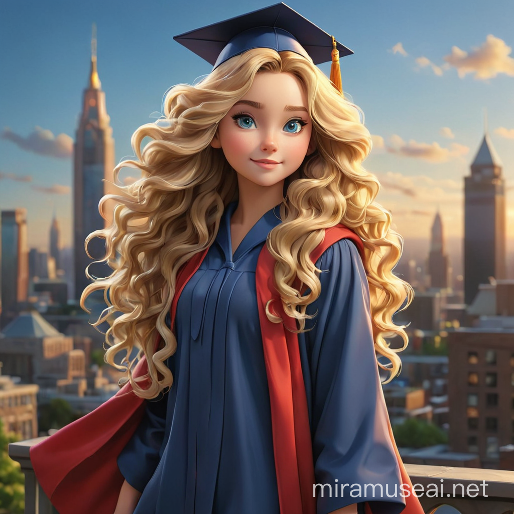 Create a super airbrush glossy oil ink brush illustration of a young girl with fair skin and long curly blonde hair. Almond-shaped eyes wearing a graduation cap and a blue and red graduation gown. Located on the city skyline , full body, hd, 3d, 4k