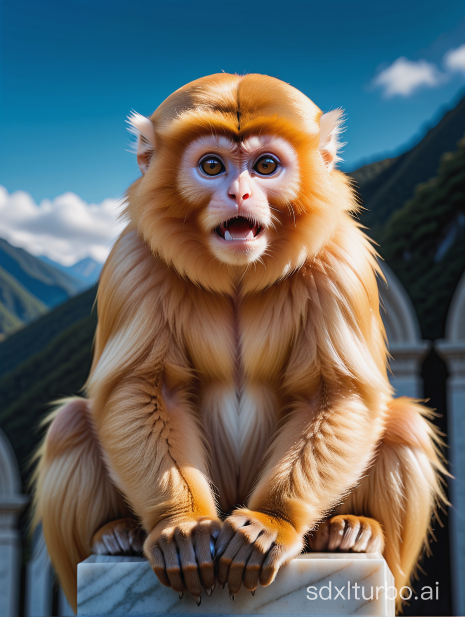 Straight on view of a golden snub-nosed monkey with pale blue face, sitting on a marble pedestal, from the show his dark materials, evil vibes, sky background, dynamic lighting, high quality
