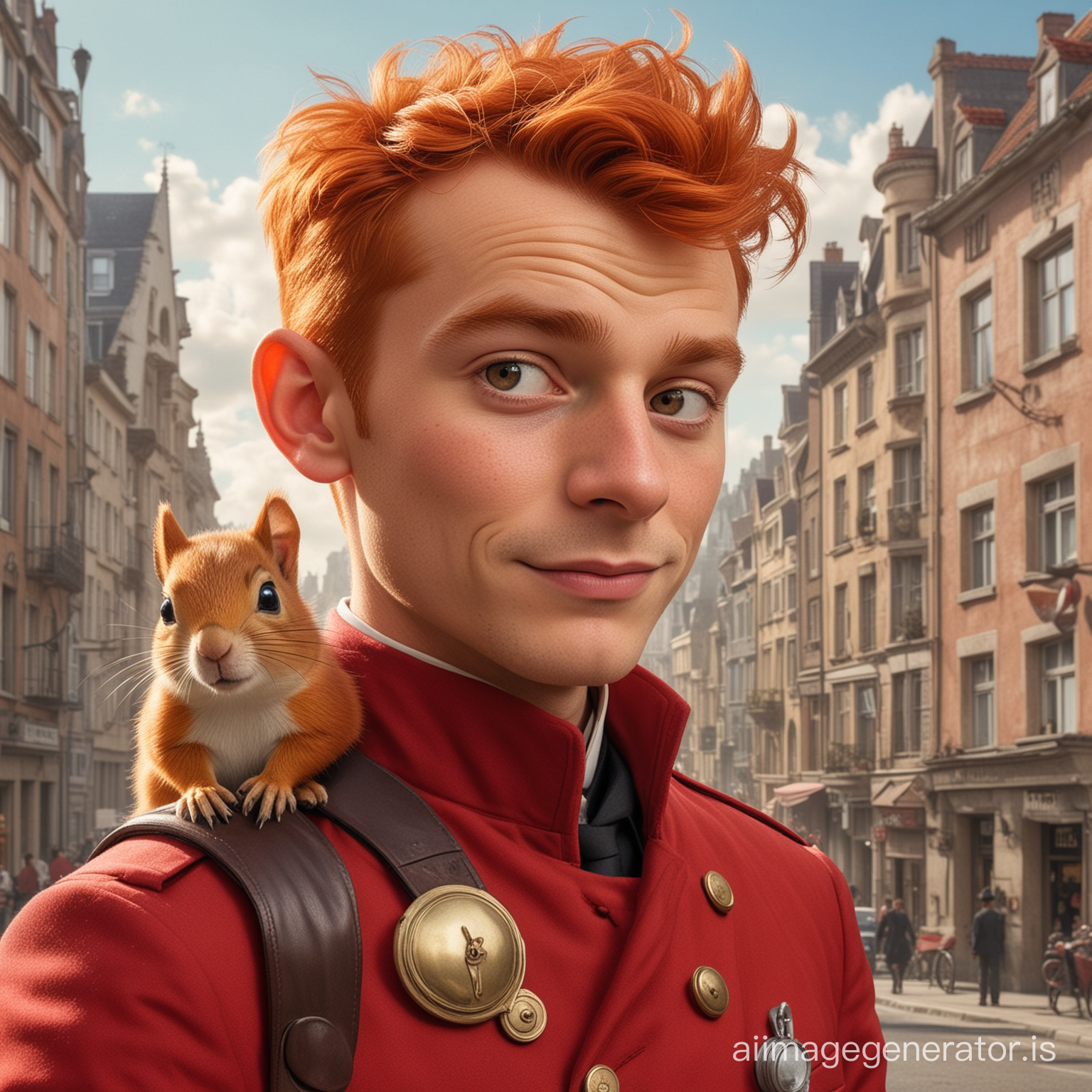 Realistic picture of a red haired young Hotelgroom with one squirrel on his shoulder. He is Spirou from the Comics. He wears a red groom suit with big golden buttons. Behind him is a 1930s belgish city. Spirou. Comicaccurate. Adventure Movie. Spirou comics.