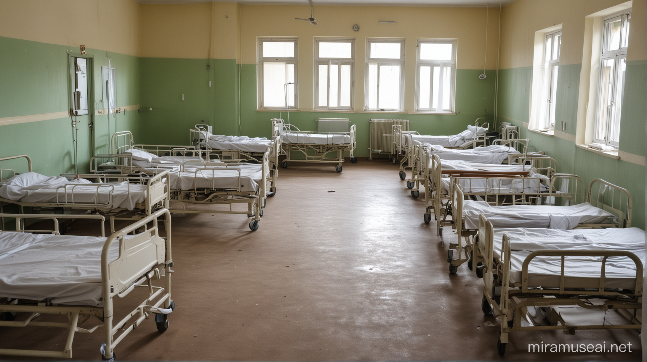 hospital ward with no doctors with patients in agony
