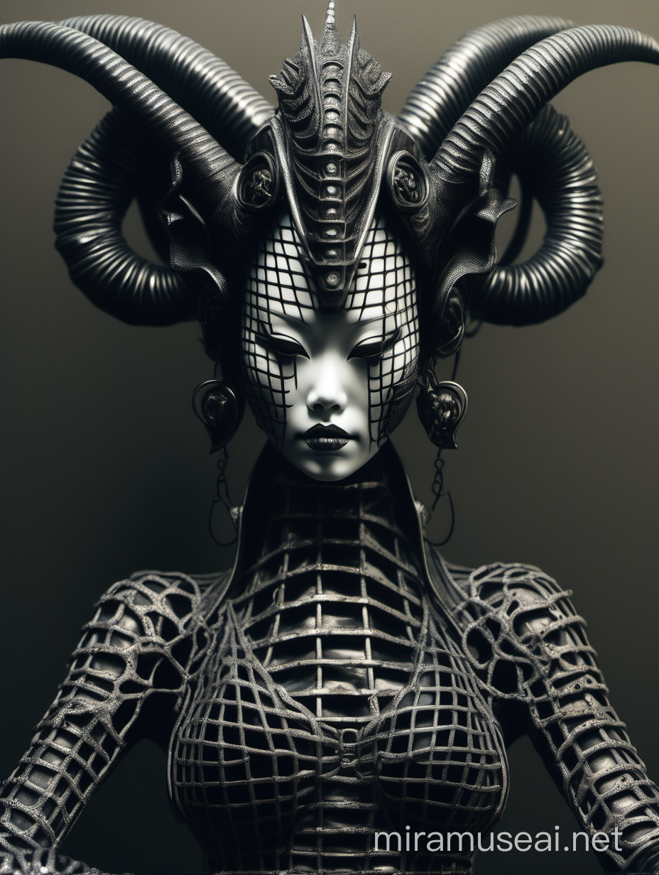 H.r. Giger style humanoid geisha with fishnet armor and devil horns 