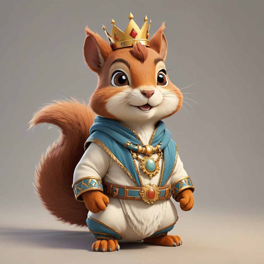 a cute Squirrel in cartoon style in full body with Pharaoh with crown clothes with clear background