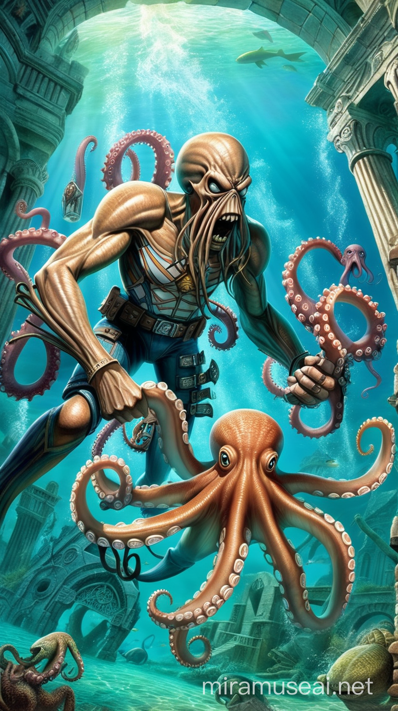 Eddie from Iron Maiden Battles Octopus in Ancient Atlantis Ruins