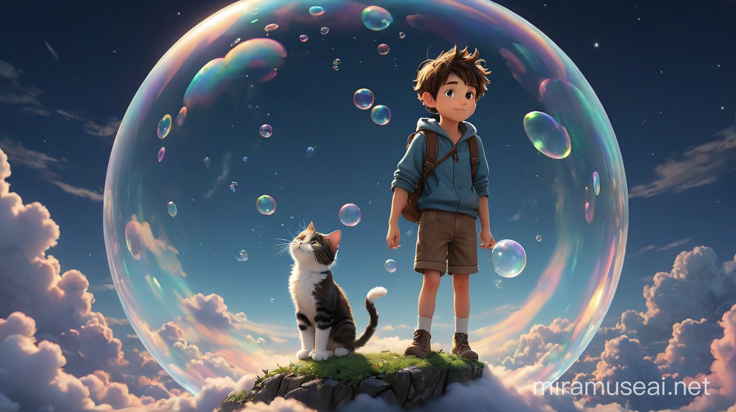Boy and Fairy Tale Cat Flying in Soap Bubble Above Clouds at Night