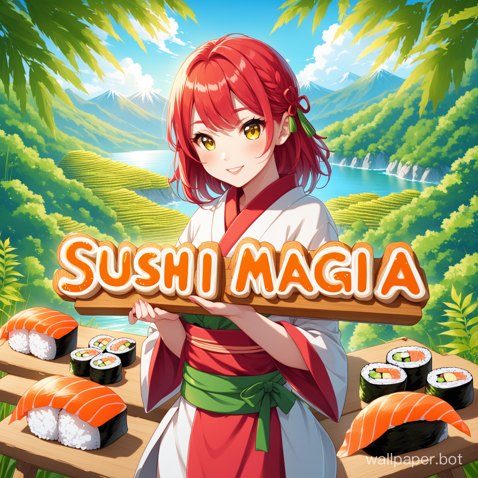 девушка с роллами  на фоне природы, надпись Sushi Magia в центре