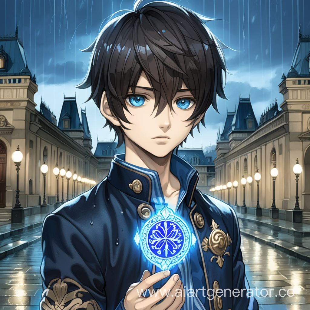 Мальчик с ярко-голубыми глазами, бледноватым лицом, тёмными волосами, волосы взъерошенные и короткие, держит в руках маленький синий медальон, стоит мальчик на фоне дворца, на улице дождь, аниме рисовка