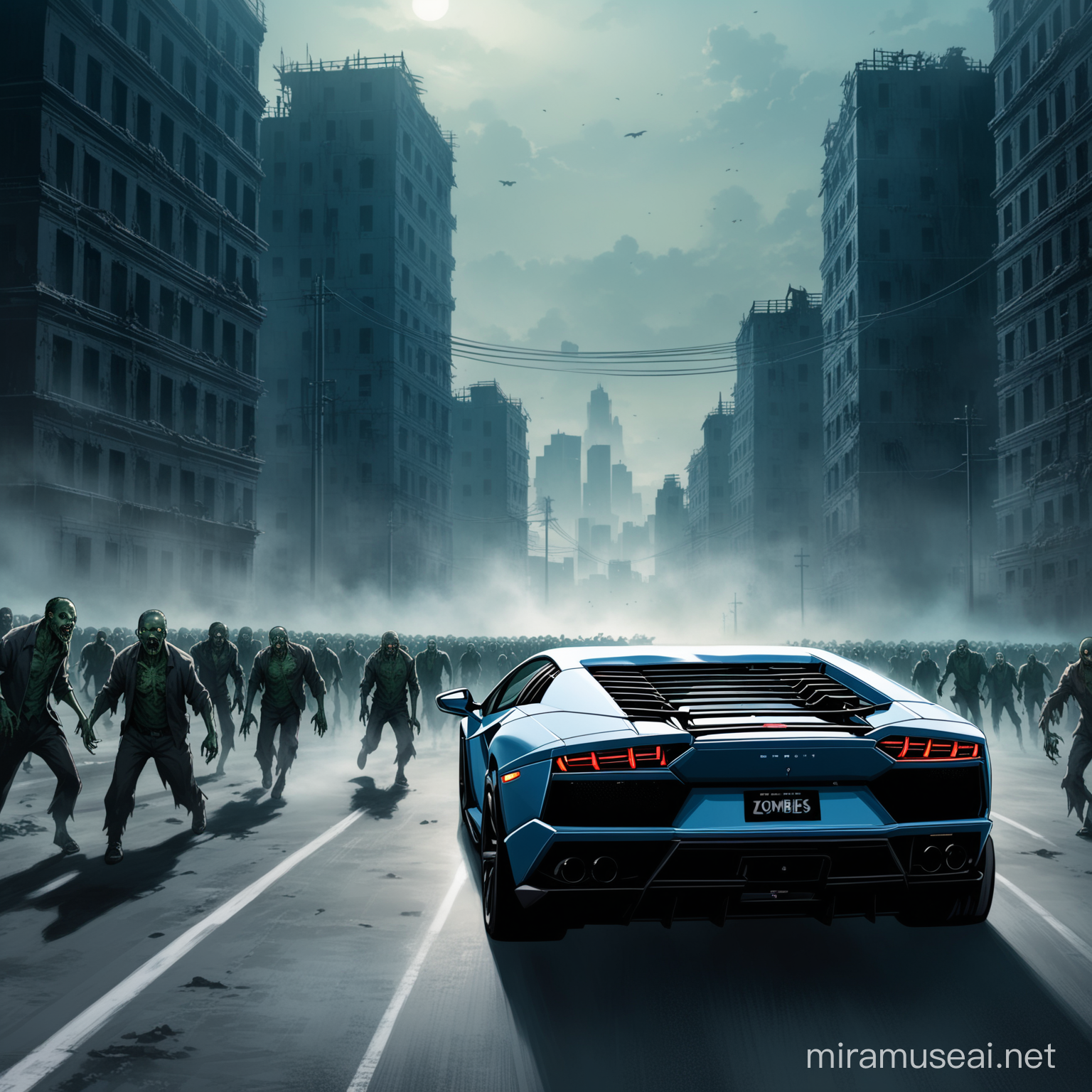 in front of the image should be dark blue lamborghini from its back view shows how it runs over, zombies at the background of the image with biuldings behaind the zombies