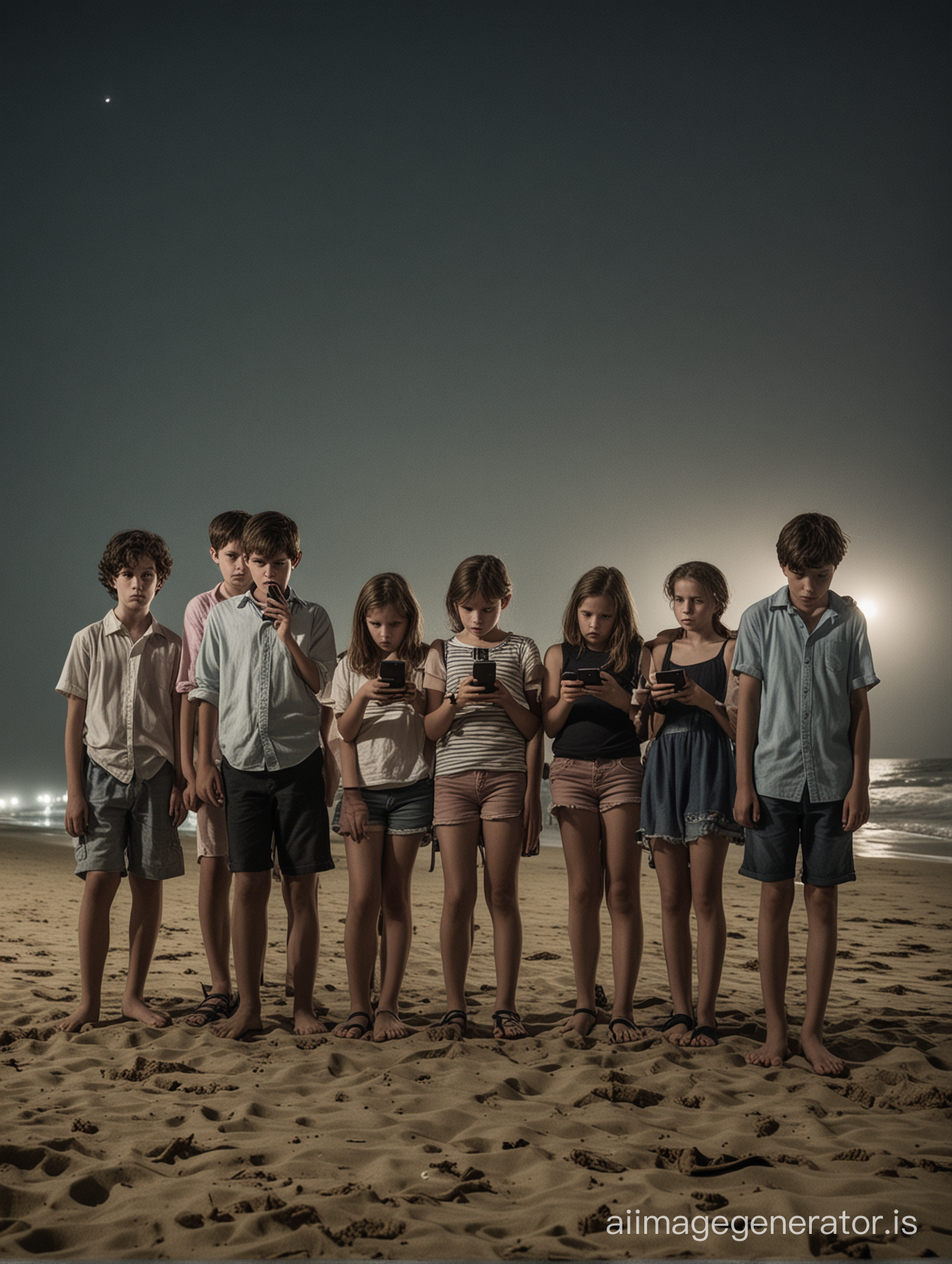 An eerie full body scary cinematic night photograph from a horror movie poster taken from a mid-distance at night, a bunch of ten-year-olds, 3 boys and 4 girls, facing the camera, dressed up casually, as young adults on a beach day, some of them looking at their cellphones, gathered close together in fear.