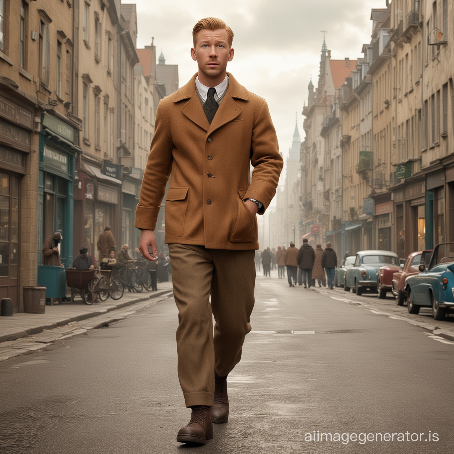 Realistic picture of Tintin from the Tintin comics. He wears his iconic comic-outfit. Brown coat. Brown trousers. Blond short hair. Tintin as a real human in an adventure movie. Tintin by Hergé. Comicaccurate. Realistic. Real human. Live-action version. Tintin is in a 1930s belgish city. He looks like in the comics but as a real human. Serious Adventure movie.