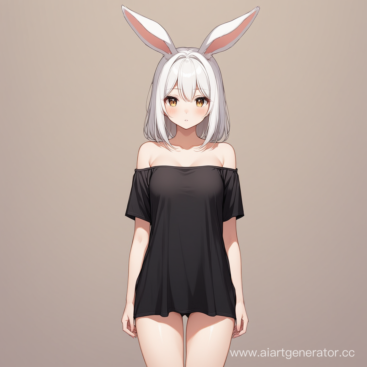 Girl, white hair, bunny ears, black t-shirt, bare legs, standing, bare shoulders