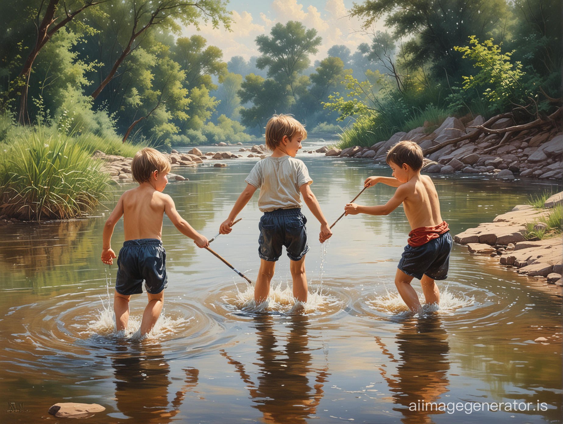 children playing in the river water, painting