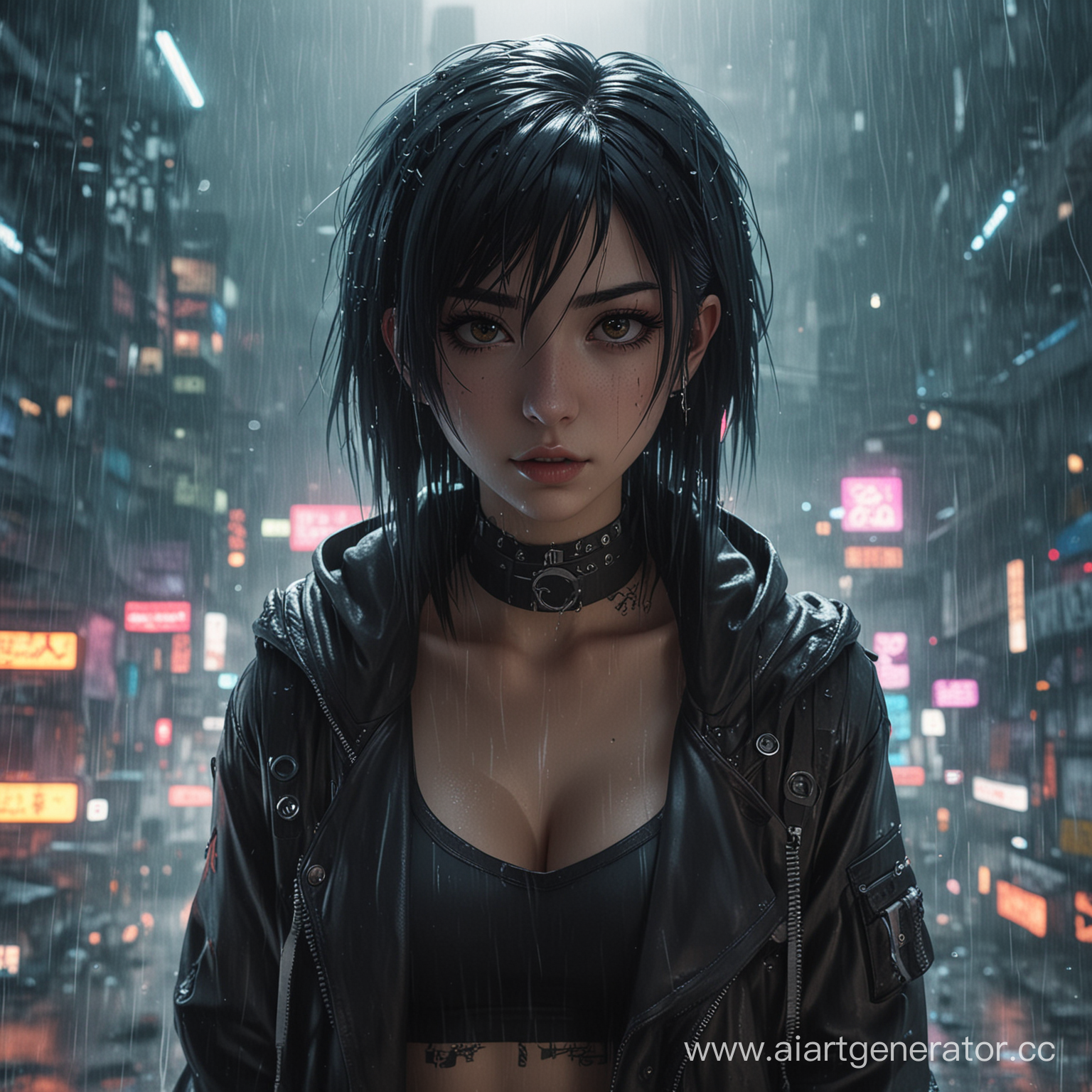 cyberpunk dark style, dynamic frame and the perspective from above anime emo girl with piercing, color detail hair, detail light and shadown, rain and fog dynamic frame and the perspective from above