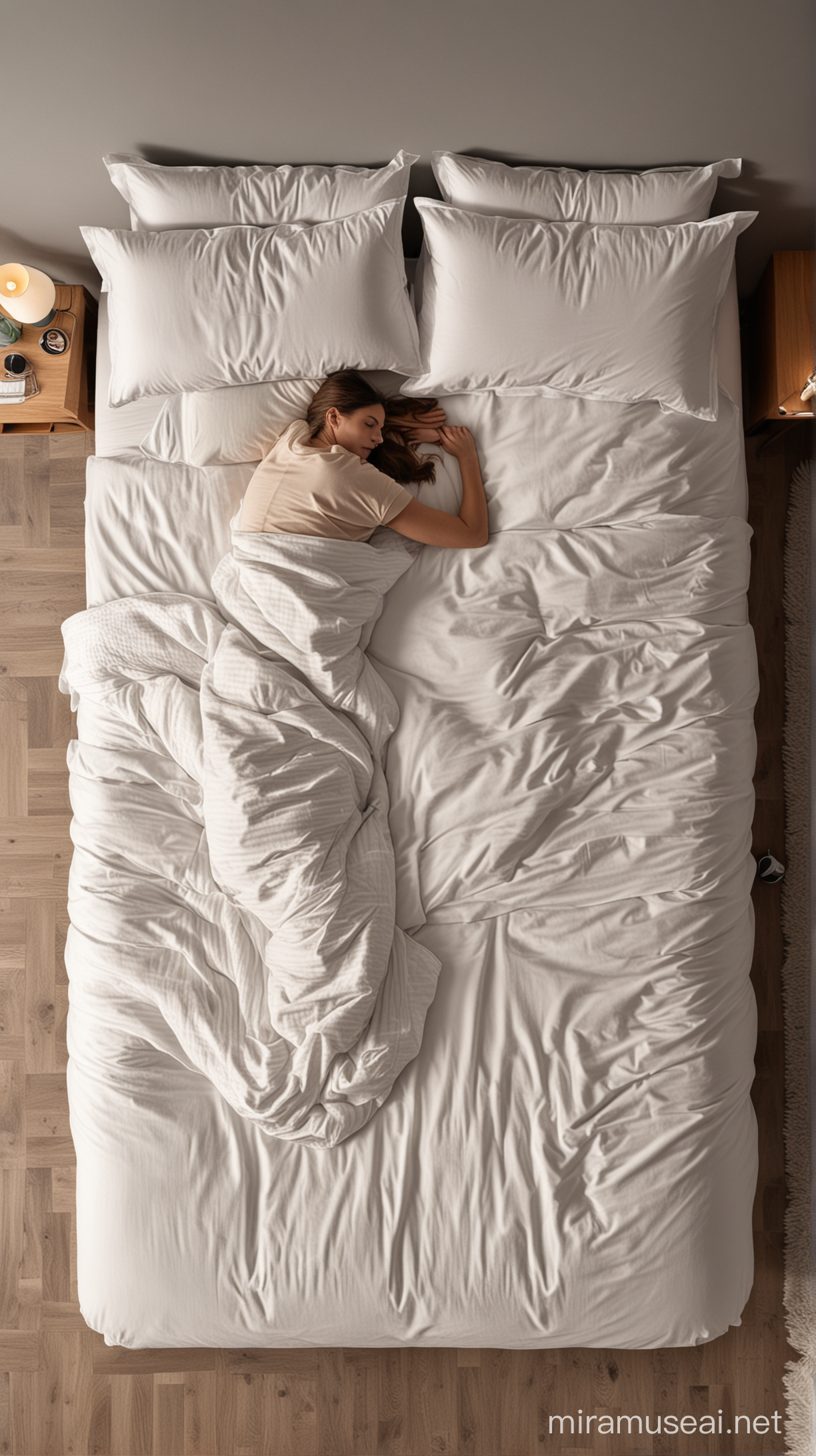 person sleeping on extreme  side of a  double bed , in a cosy room , top view