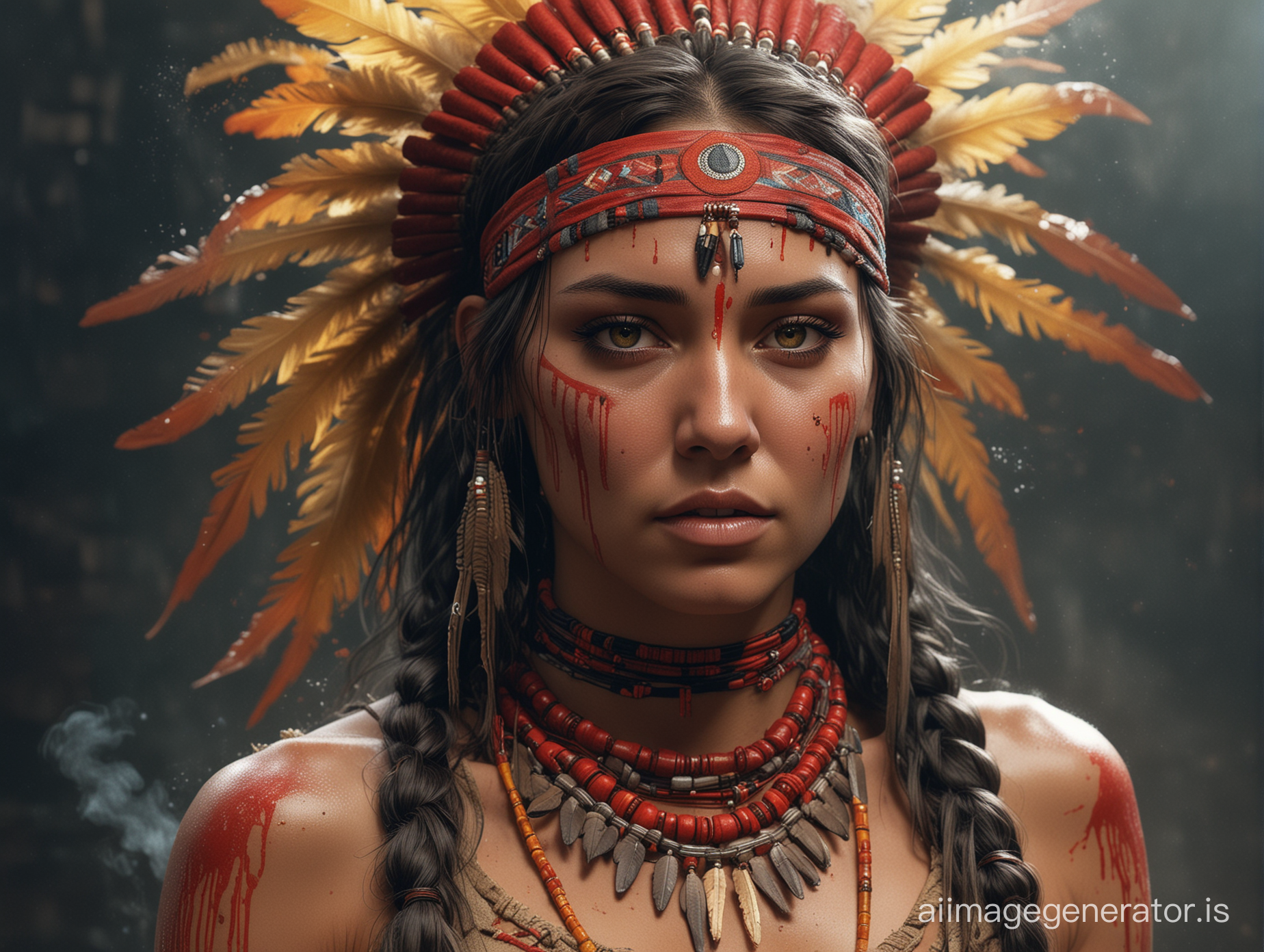 The whole body with legs and arms. An American woman, a 20-year-old brunette dressed as a Native American from the reservation. The model. The face is painted with red paint. The eyes are yellow. The whole body.Digital art, ultra-realistic, clear focus, LEDs, smoke, artillery, sparks, racks, system unit, motherboard, Pascal Blanche Rutkowski, painting in hyperrealistic repin artstation style, concept art with detailed character design, matte painting, 4 kb resolution, blade runner, photo r3al Epic cinematic brilliant stunning intricate meticulously detailed dramatic atmospheric maximalist digital matte painting