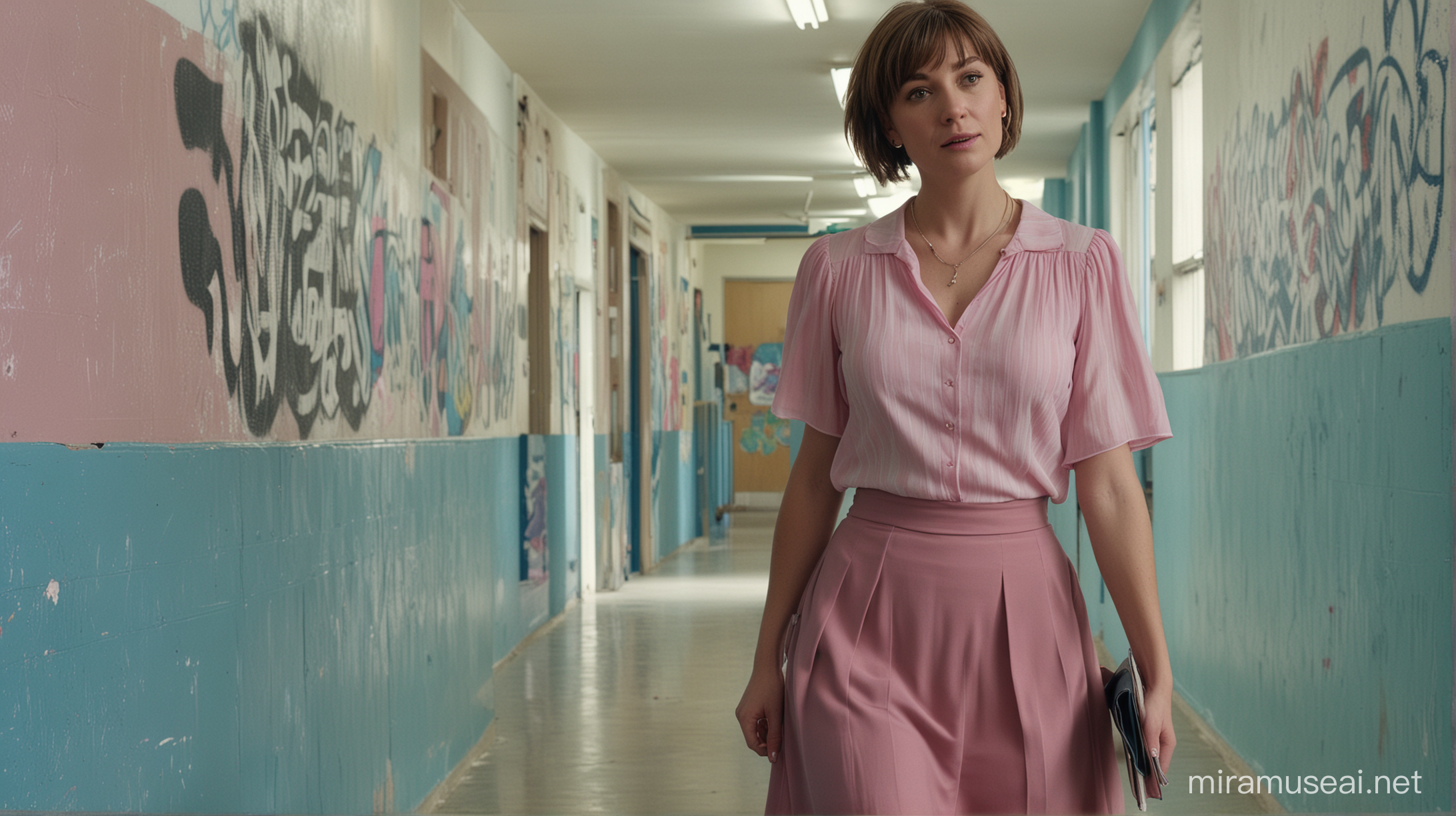 photo, cinematic still, low angle, a female teacher, middle aged, wrinkles, extremely wide big hips and a thin waist, short brown hair, walking down a high school hallway carrying books, wearing a pink blouse, long blue skirt, necklace, looking at the camera, graffitti on the walls
