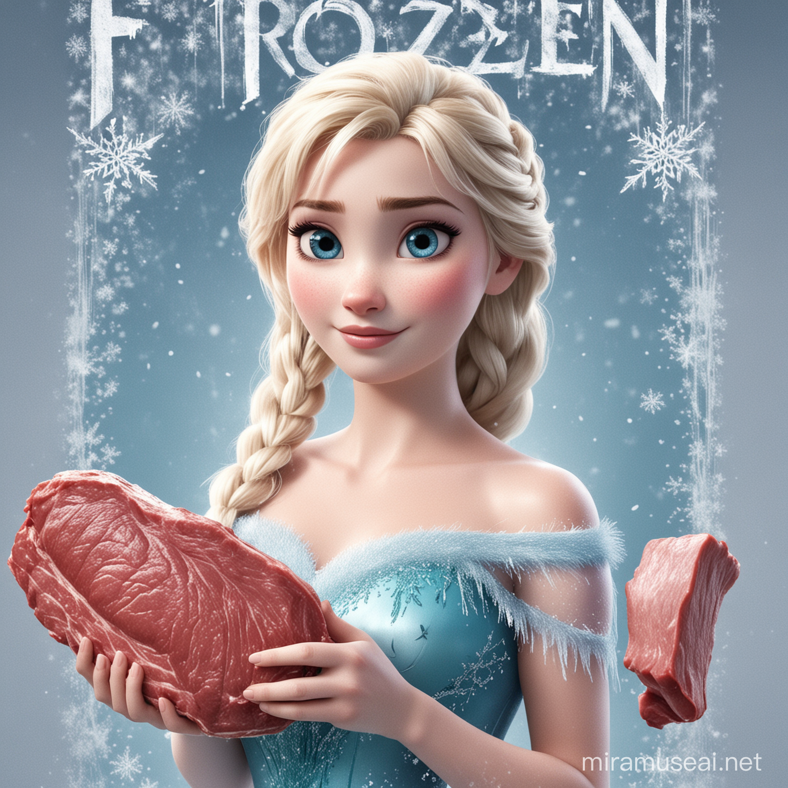 Remake the poster of frozen. Make elsa holding frozen meat. After that name it as a frozen meat
