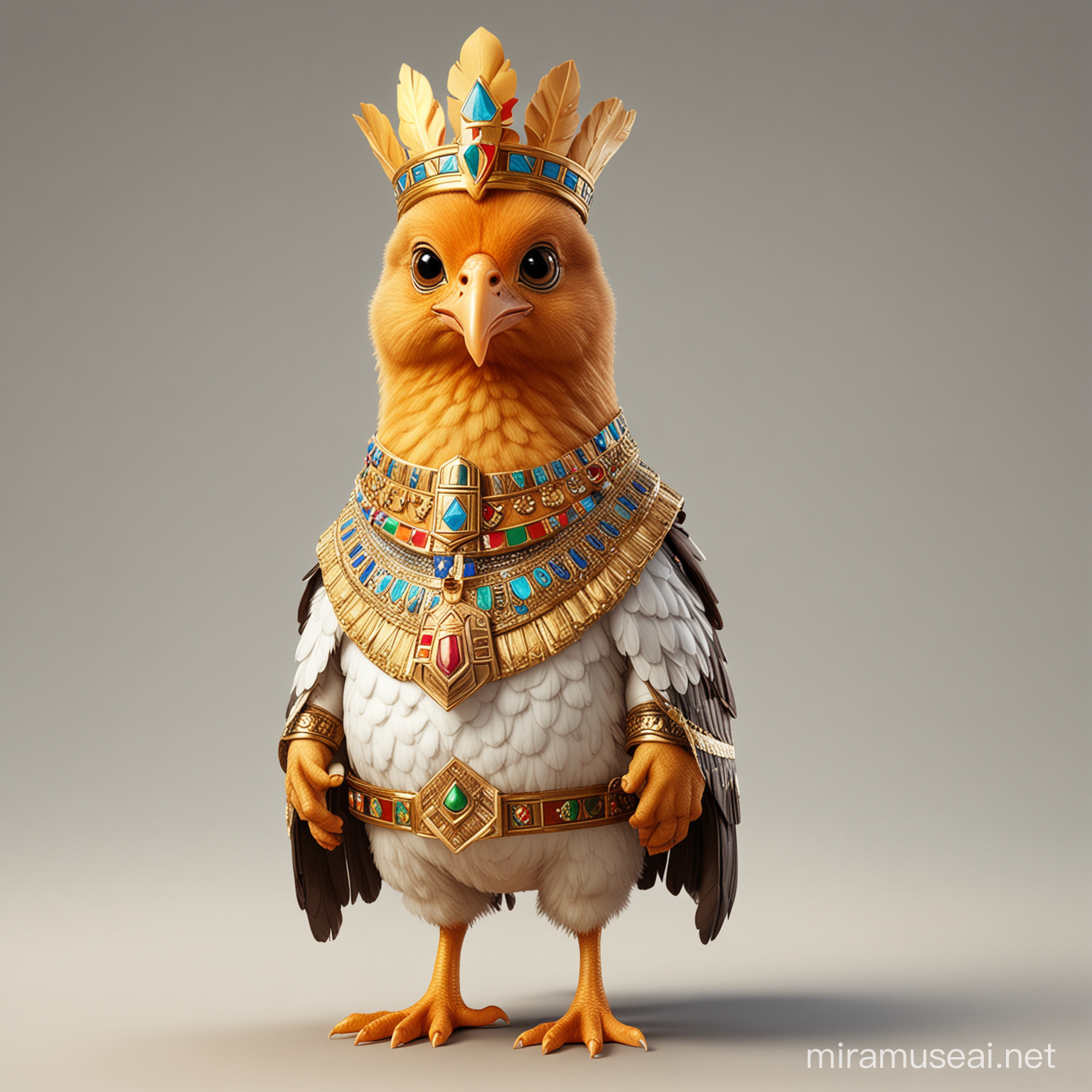 a cute chicken in cartoon style in full body with Pharaoh with crown clothes with clear background