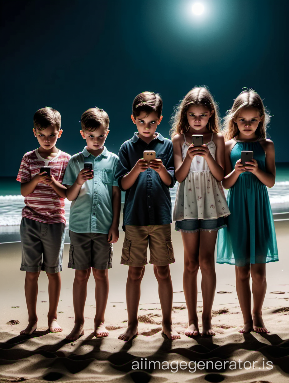 An obscure, eerie dark full body scary cinematic night photograph from a horror movie poster taken from a mid-distance at night, a bunch of seven eight-year-olds, 3 boys and 4 girls, facing the camera, dressed up casually, as young adults on a beach day, some of them looking at their cellphones, gathered close together in fear.