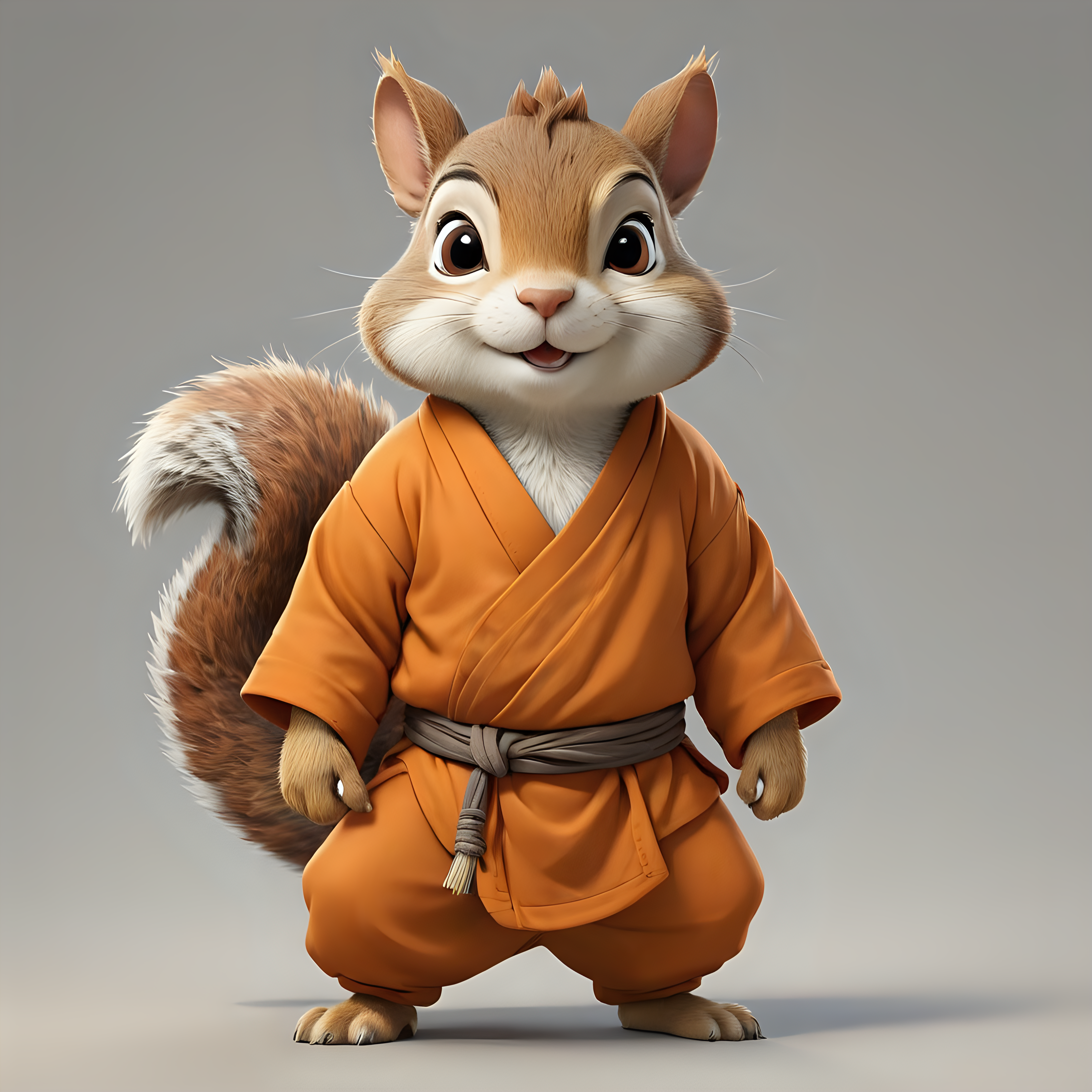 a Squirrel in cartoon style in full body with Buddhist monk  clothes with clear background