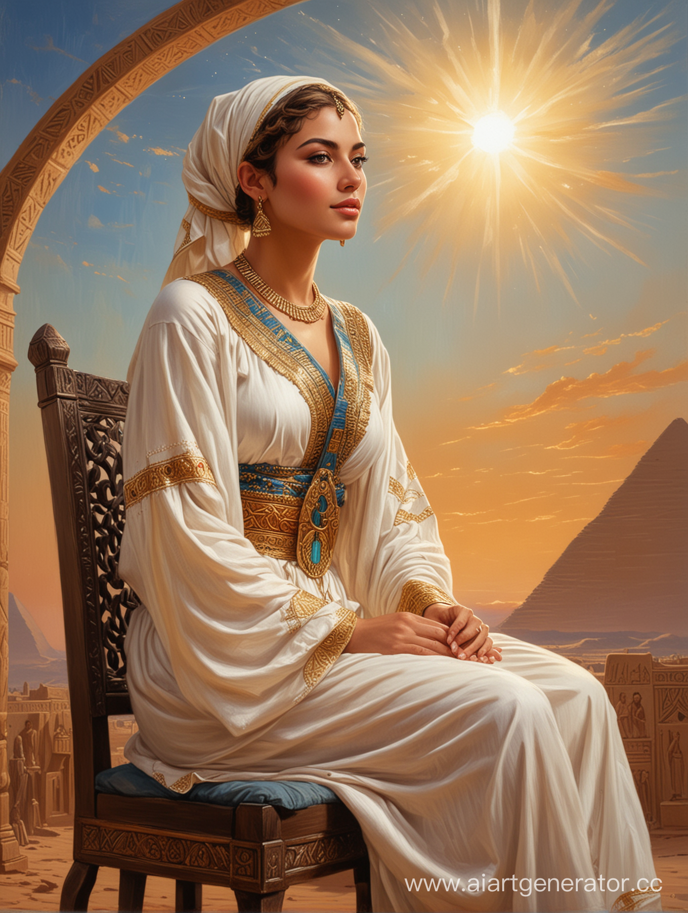 полная женщина в восточном египетском костюме короткие светлые волосы, сидит на резном кресле на фоне небо свечение ярко стиль масляная живопись