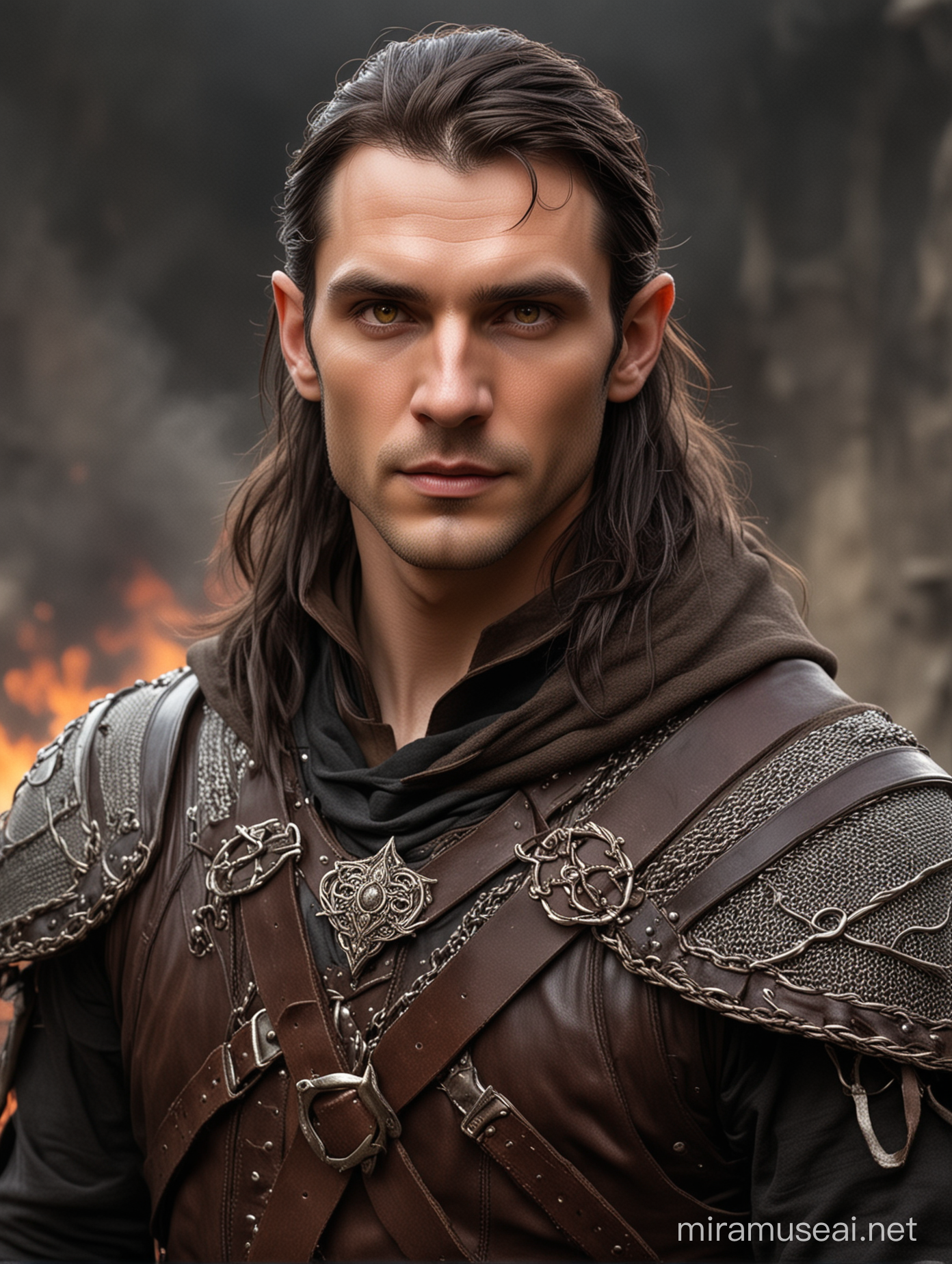 A male elf, middle-aged. High cheekbones, strong jaw, stubble, pointed elf ears. Pale skin. Long, dark hair, held back by woven leather headband. Amber-colored eyes, smoldering with arcane fire. Medieval fantasy-style leather armor, with chainmail underneath. Wizard, warrior, thief mix. Dungeons and Dragons style. Wearing a hooded cloak, hood up, the cloak flares behind him. Indiana Jones style outfit in a medieval fantasy style. bags, satchels, and potions at his belt. full body image.