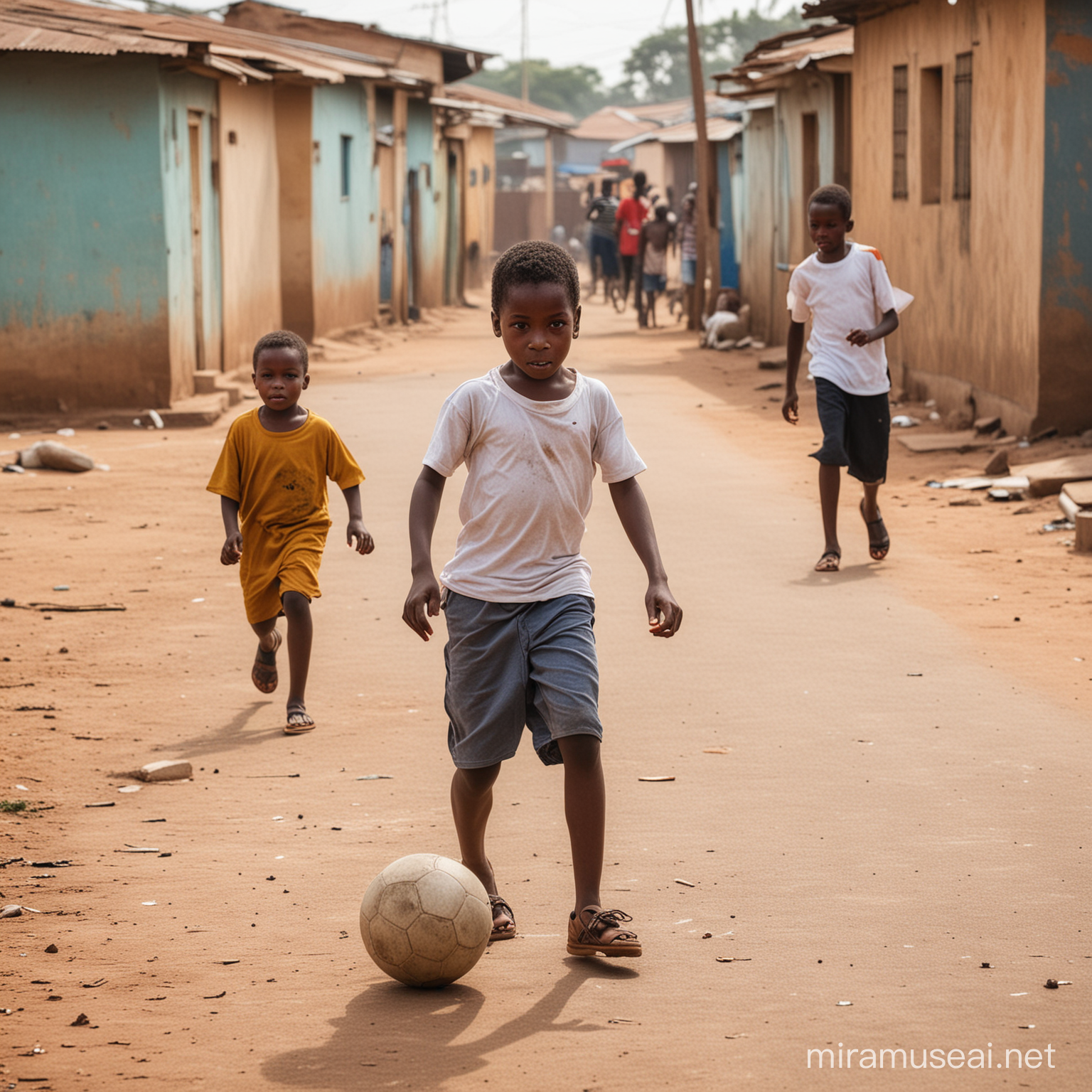 African kids play football around the street