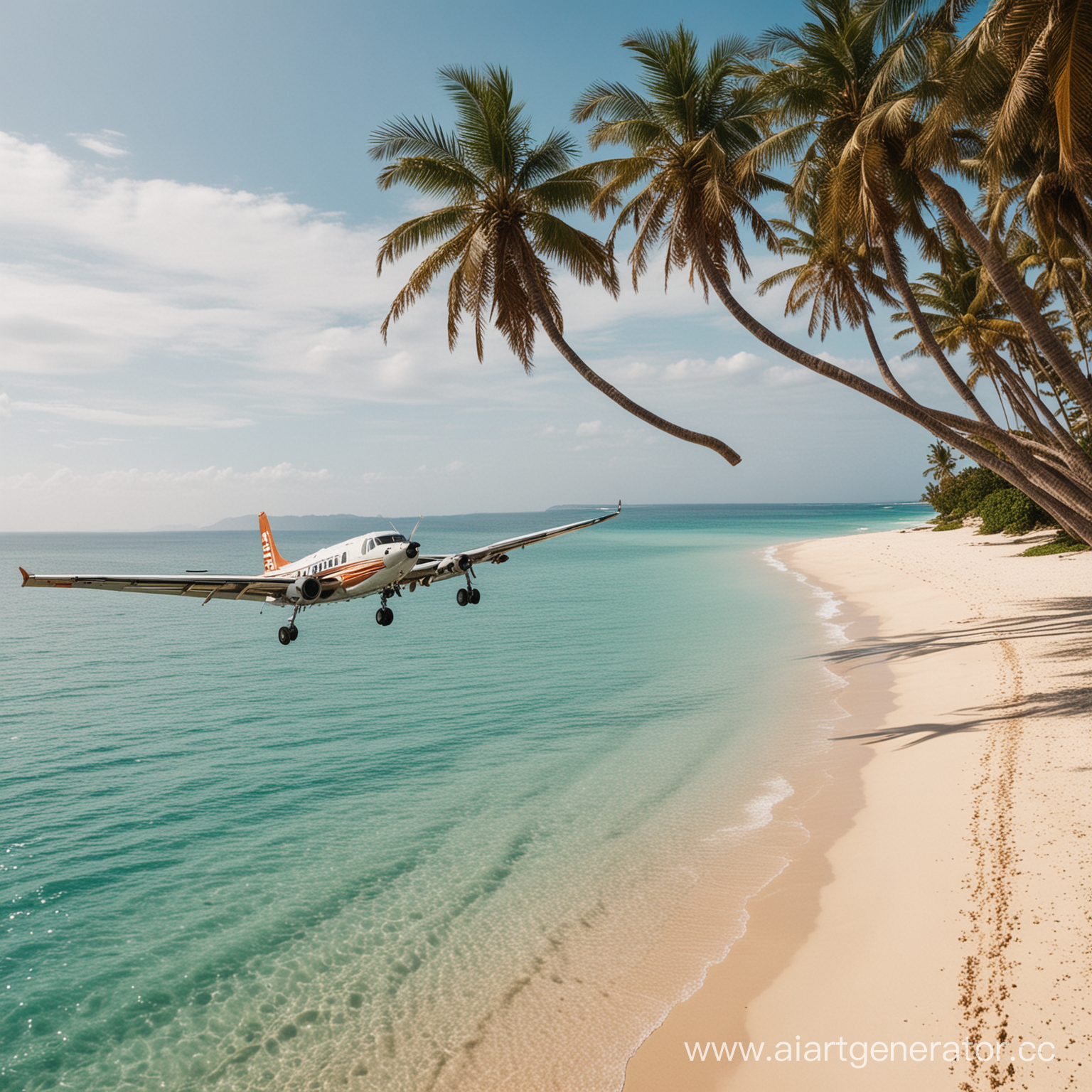 Самолет летит над морем, песчаный пляж и пальмы