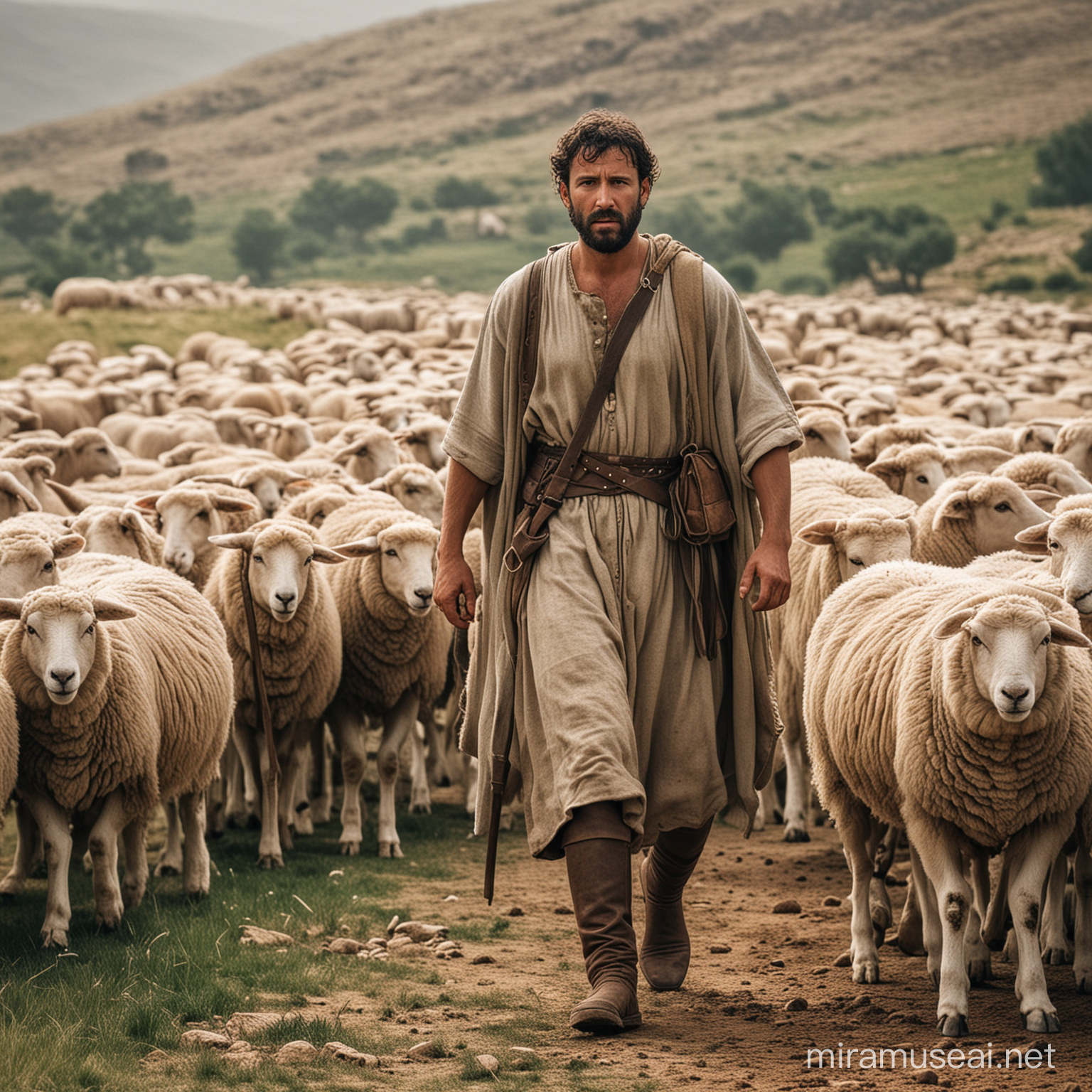 a shepherd from biblical times protecting his flock of sheep from danger