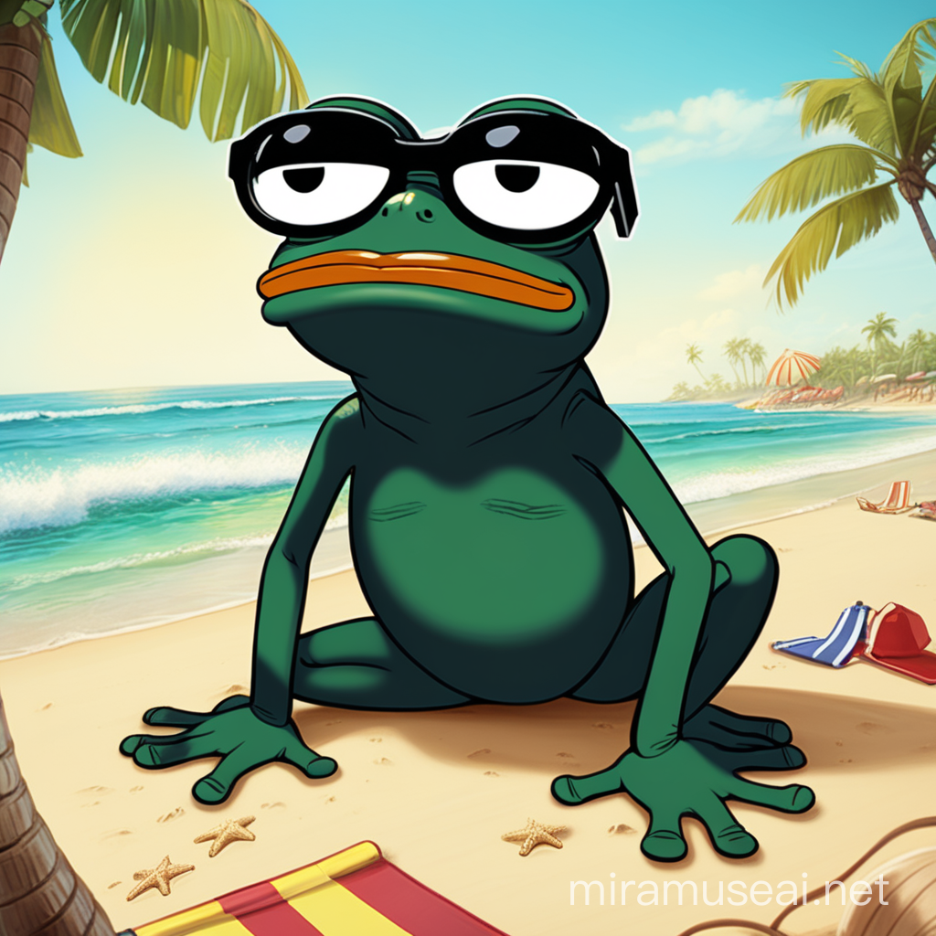 Turn Pepe the frog into beach wearing black smug glasses looking up 