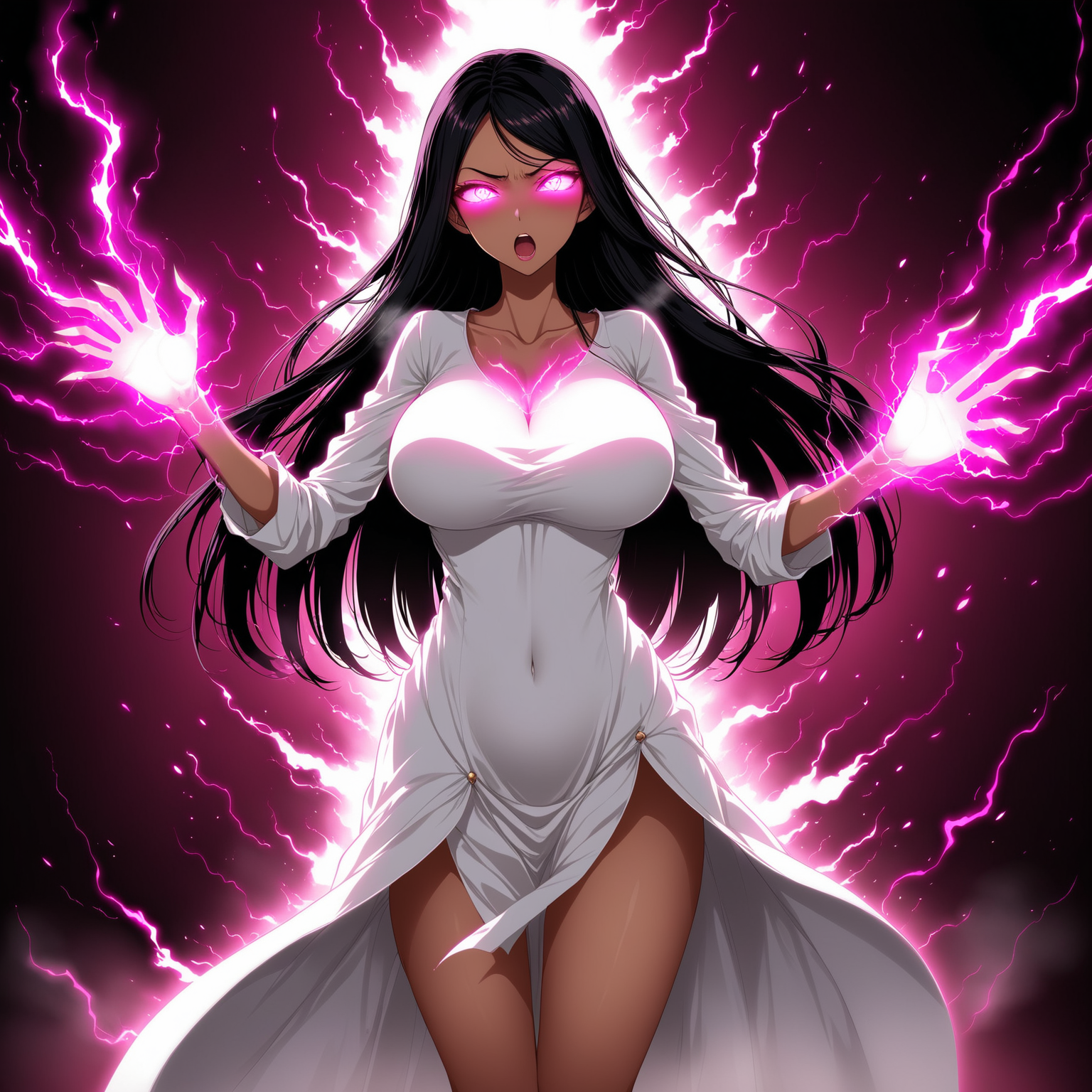 A skinny beautiful Indonesian woman thrilled in fury, dressed in a white shirt and white dress, long black hair,, glowing and steamy, huge breasts, skinny body, glowing pink eyes, energy from her fingers, 