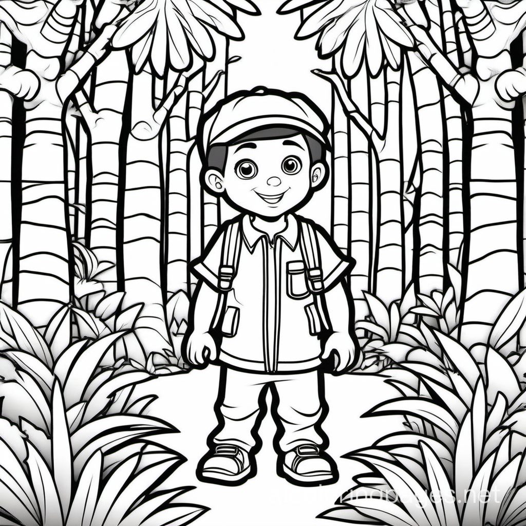 Cute boy at amazon forest, Coloring Page, black and white, line art, white background, Simplicity, Ample White Space. The background of the coloring page is plain white to make it easy for young children to color within the lines. The outlines of all the subjects are easy to distinguish, making it simple for kids to color without too much difficulty