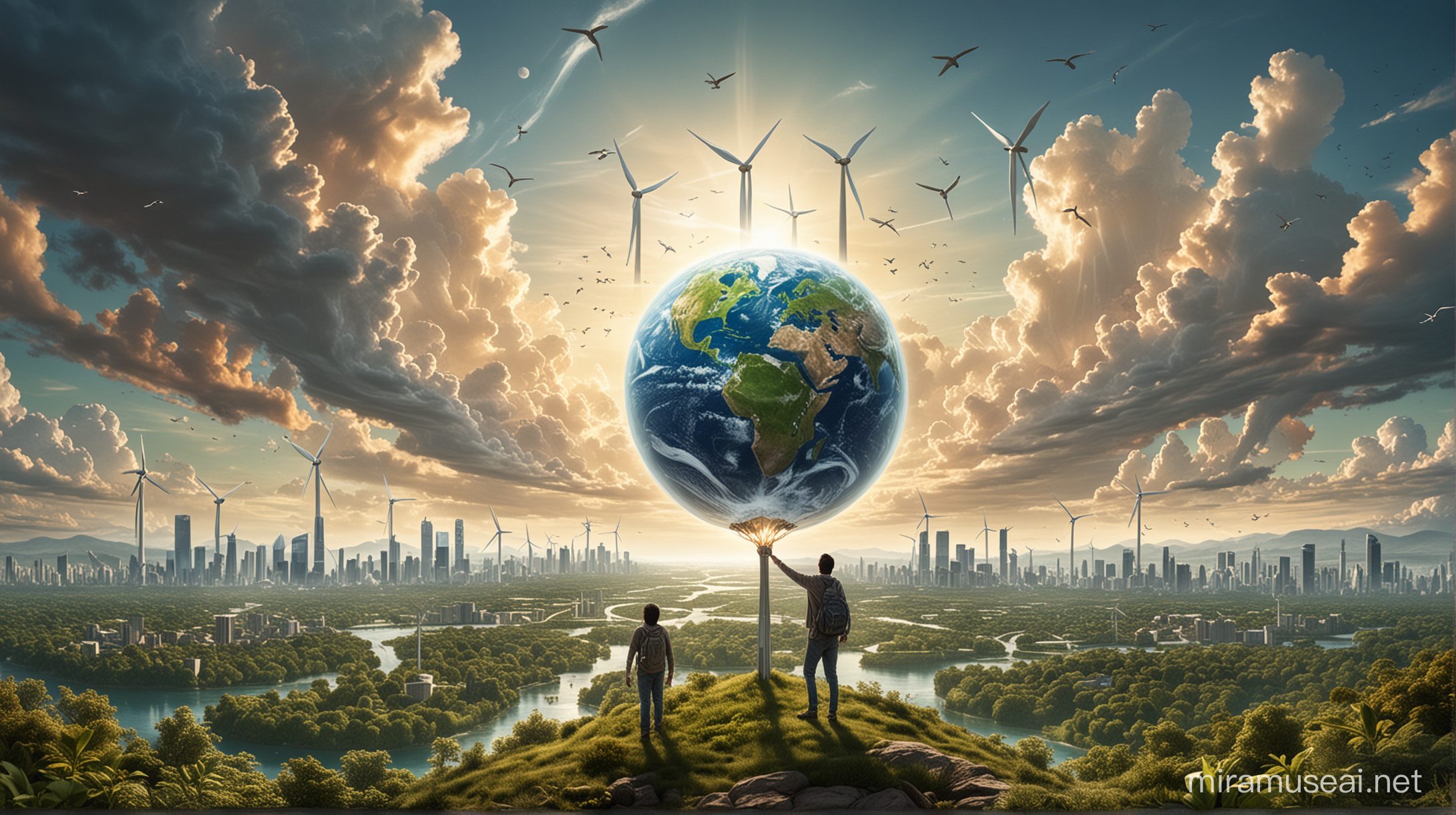 Create an inspiring and visionary image that embodies the spirit of a global movement towards sustainability and zero emissions. The image should visually narrate the profound connection between human action and the future of our planet, emphasizing the potential for individual contributions to foster a legacy of hope, transformation, and respect for all forms of life.

Foreground: Feature a diverse group of people from various backgrounds and ages, standing together, united. They are looking towards the horizon, symbolizing their collective vision for the future. Among them, a figure is highlighted, representing the viewer as the catalyst of change, holding a small, glowing earth in their hands, signifying hope and the power of individual action.

Background: Illustrate a vibrant and thriving Earth, split into two contrasting yet harmonious halves. On one side, depict a flourishing natural world, with lush forests, clean rivers, and abundant wildlife. On the other, show a futuristic, sustainable city with green buildings, renewable energy sources like wind turbines and solar panels, and people engaging in environmentally friendly activities.

Sky: In the sky above, draw a network of light connecting the people to the planet and the city, symbolizing the interconnectedness of humanity's actions and the health of our Earth. The network culminates in a bright, shining light on the horizon, representing the hopeful future achieved through collective sustainability efforts.

Caption: Beneath the image, include the phrase 'Be the Change. Ignite the Future.' to reinforce the call to action and the impact of joining the movement towards a Zero Emissions World.

The overall image should evoke a sense of urgency, responsibility, and optimism, inviting viewers to imagine themselves as essential participants in building a sustainable future for all.