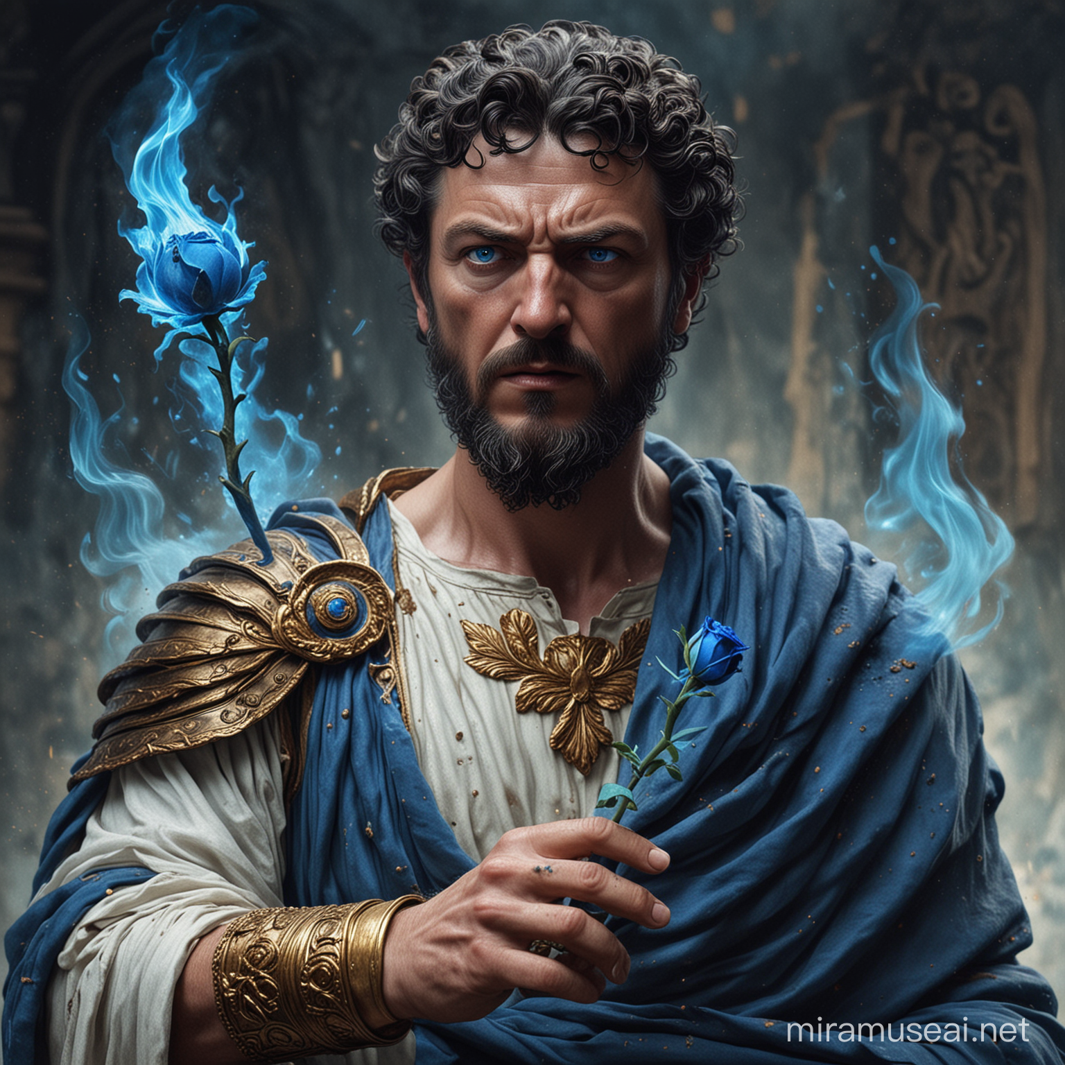Angry Marcus Aurelius holding a Blue rose with his right hand and having blue flames coming out of his left arm
