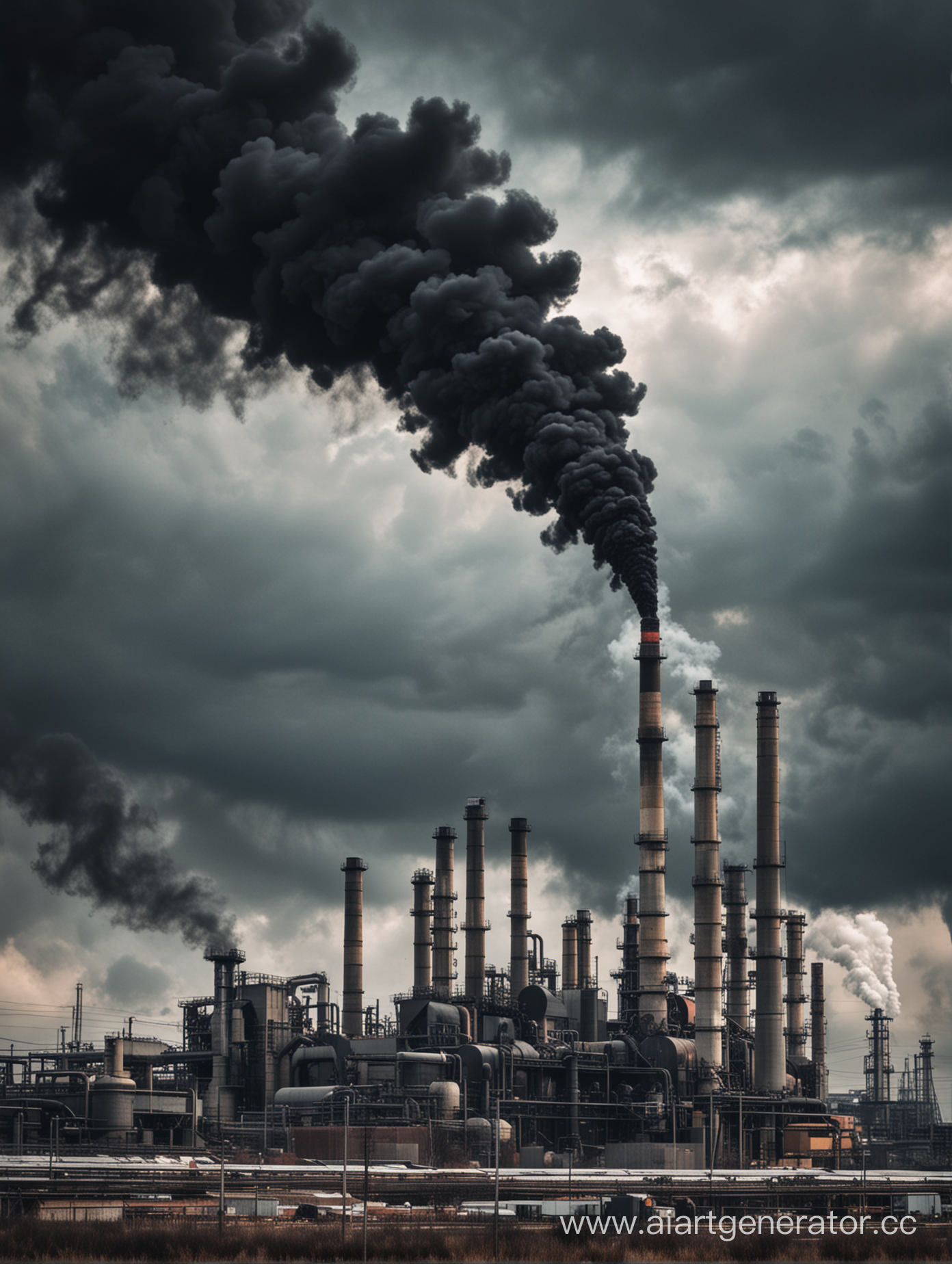 Промышленный пейзаж, заводы, черный дым из труб, тёмные облака из выбросов заводов