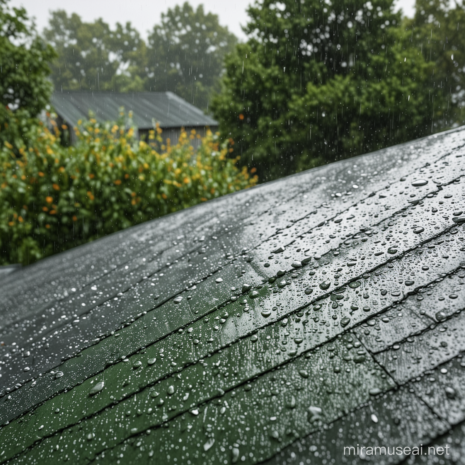 Detail realism,marco photography,rain drops fall from zinc roof againts the green lush backdrop -- realistic v6