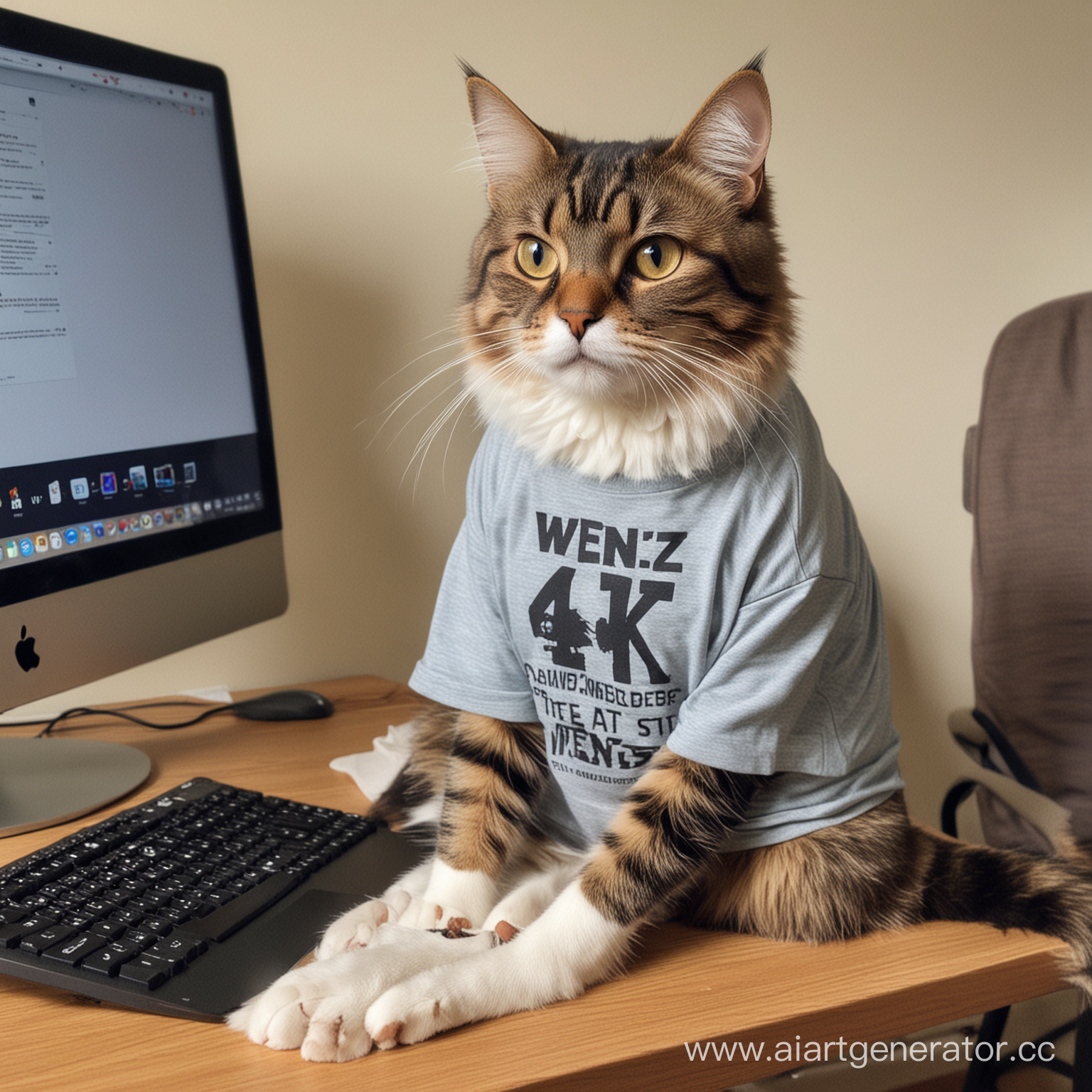 Кот сидит за компьютером, на майке кота написано Wenzz1k, 4к
