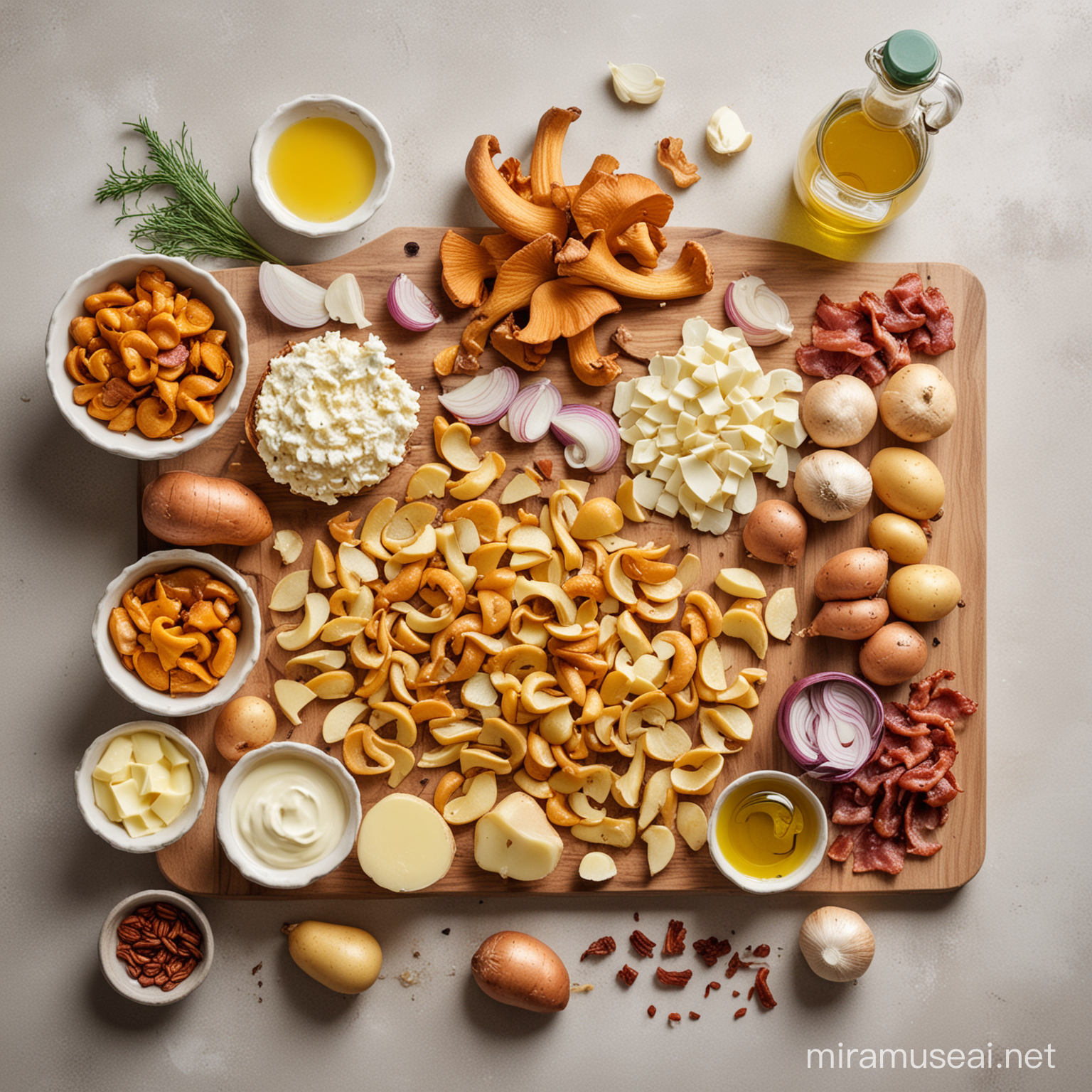грибы лисички, лук, чеснок, масло, сливки, оливковое масло, бекон, картофель

все продукты лежат отдельно друг от друга на светлом фоне