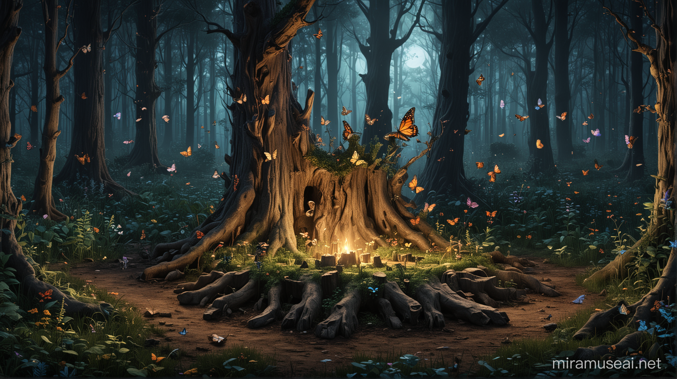 an enchanted forest, filled with trees and butterflies, nighttime, a single tree stump in the Botton left corner