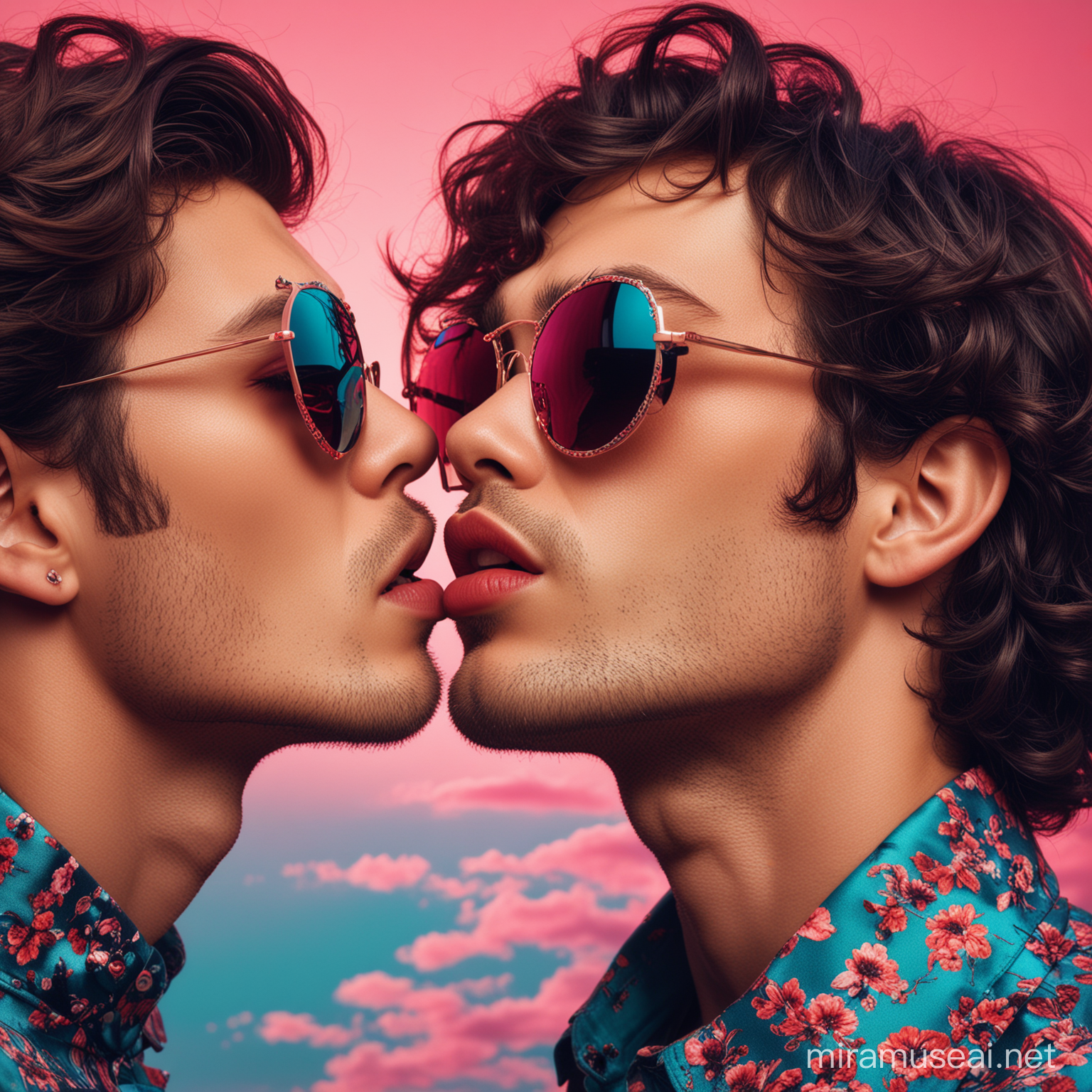 psychedelic, extremely high quality high detail, psychedelic fashion photography, fashion art, beautiful model, pink and teal edgy sun glasses, red lipstick, kissing a man with wild dark hair