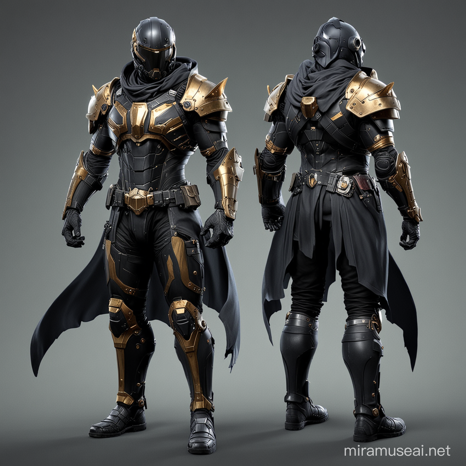 I want a futuristic male armor from the game universe helldivers 2. The armor needs to be heavy,  and appear war torn, primarily black with navy accents and includes a long cape.  The helmet includes horns and should resemble a theme from a horseman of the apocalypse. The pose of the armor needs to be front and back. The armor needs to feel ominous and intimidating. 