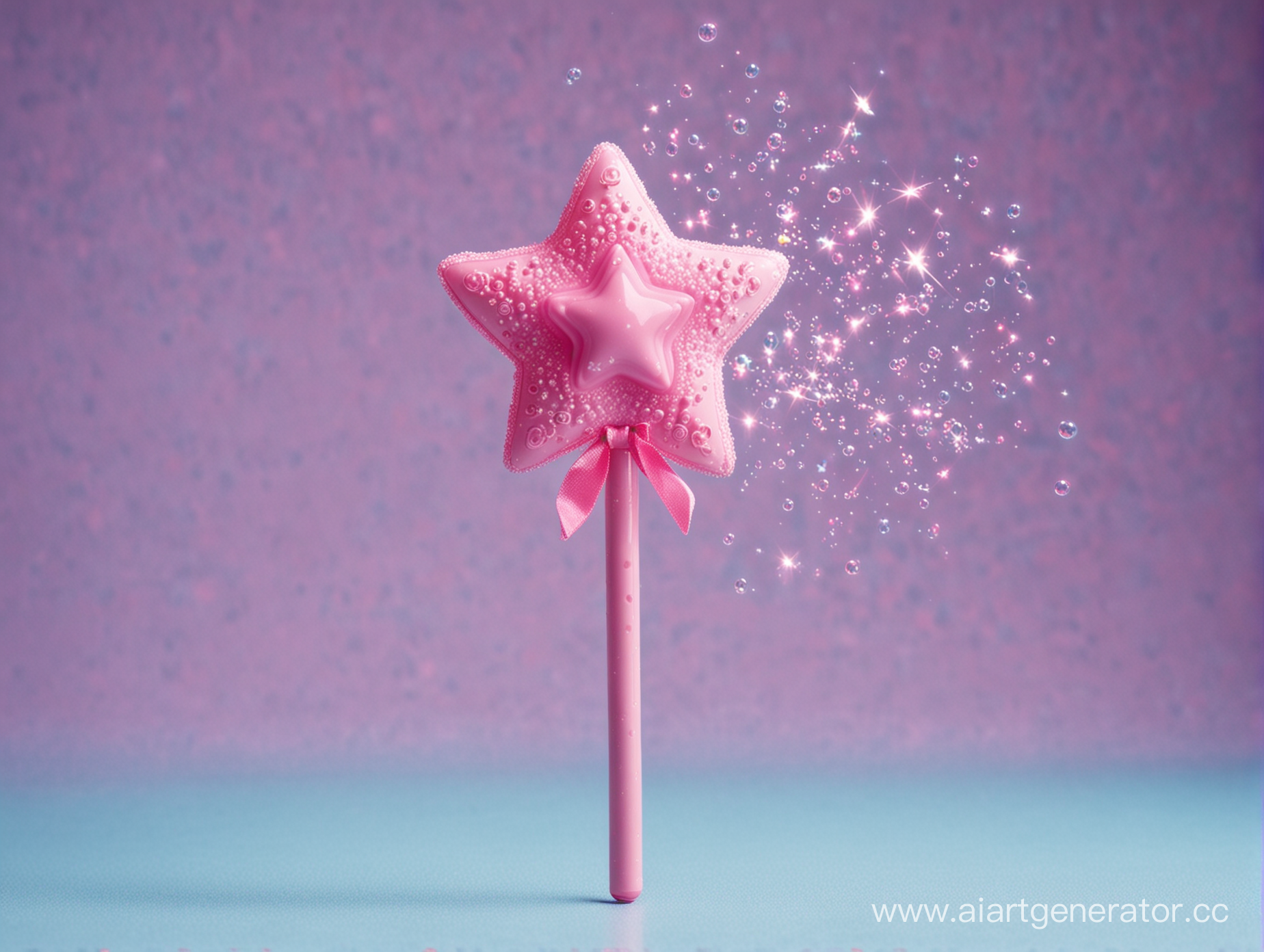 children's toy pink magic wand on a blue background, around bubbles, radiance and magic
